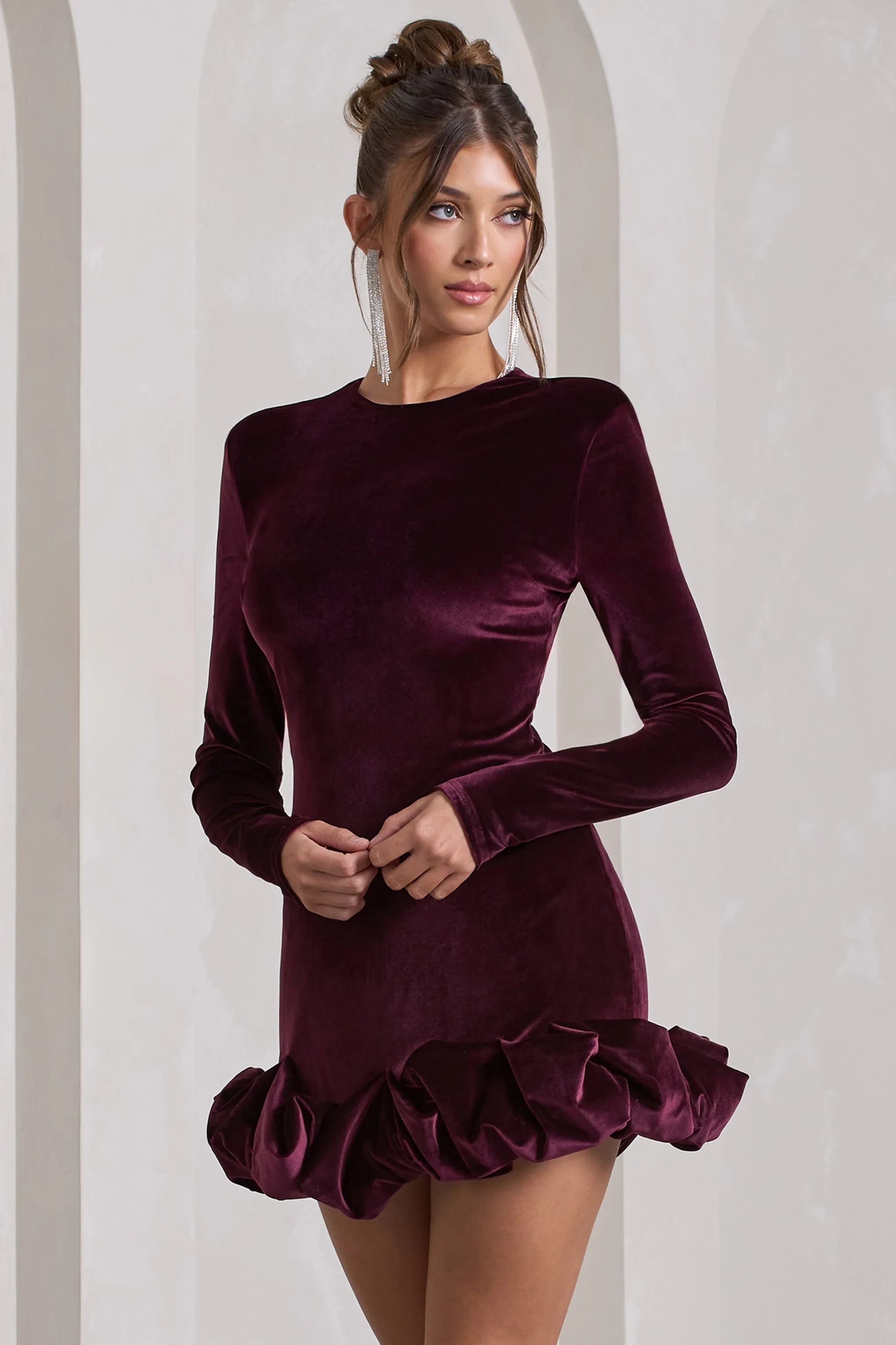 Claudine | Port Velvet Long-Sleeved Ruffled Mini Dress sold by Club L London product image thumbnail 4