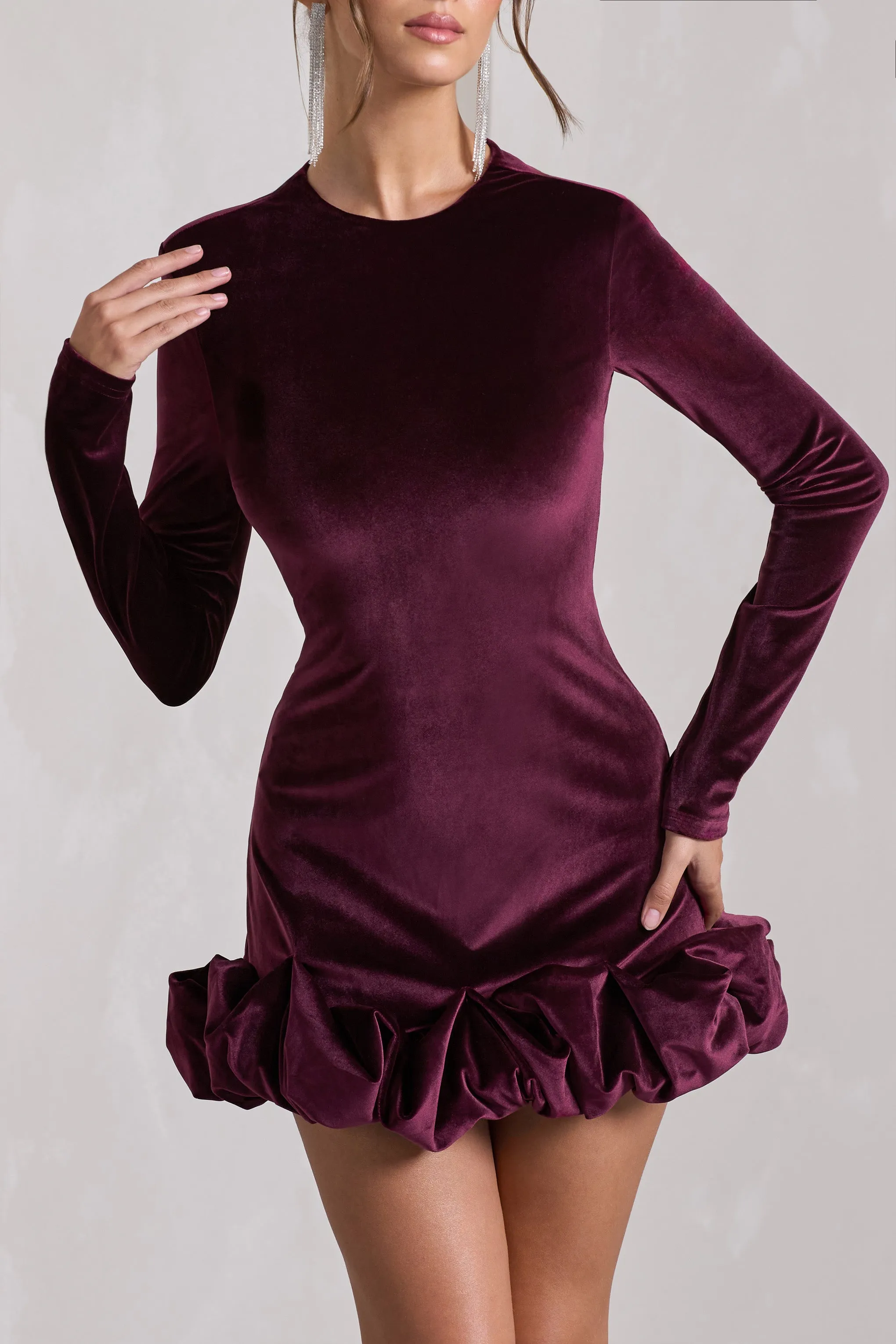 Claudine | Port Velvet Long-Sleeved Ruffled Mini Dress sold by Club L London product image thumbnail 3
