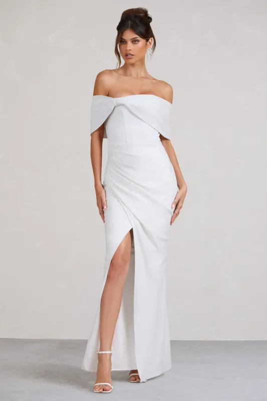 Eva | White Glitter Bardot Wrap Maxi Dress sold by Club L London