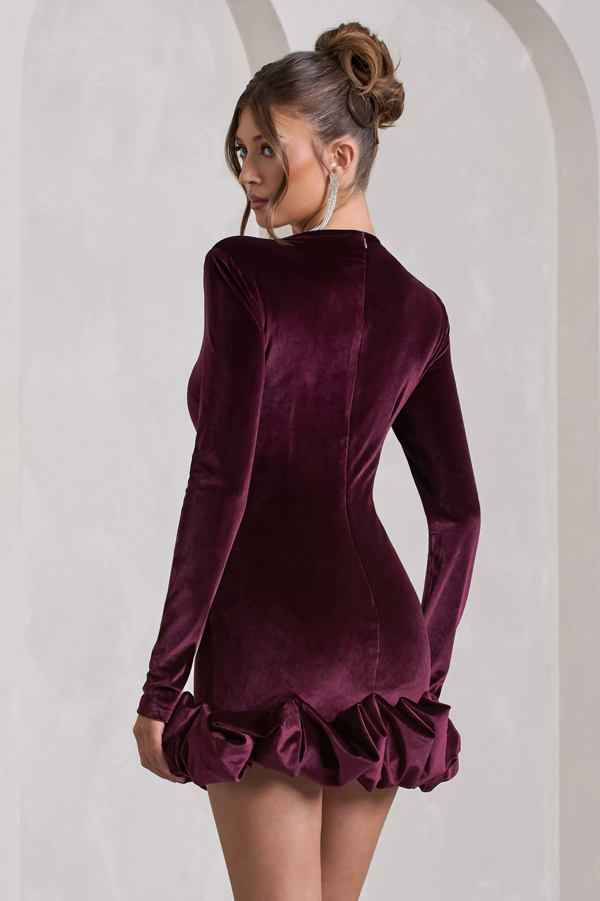 Claudine | Port Velvet Long-Sleeved Ruffled Mini Dress sold by Club L London product image thumbnail 2