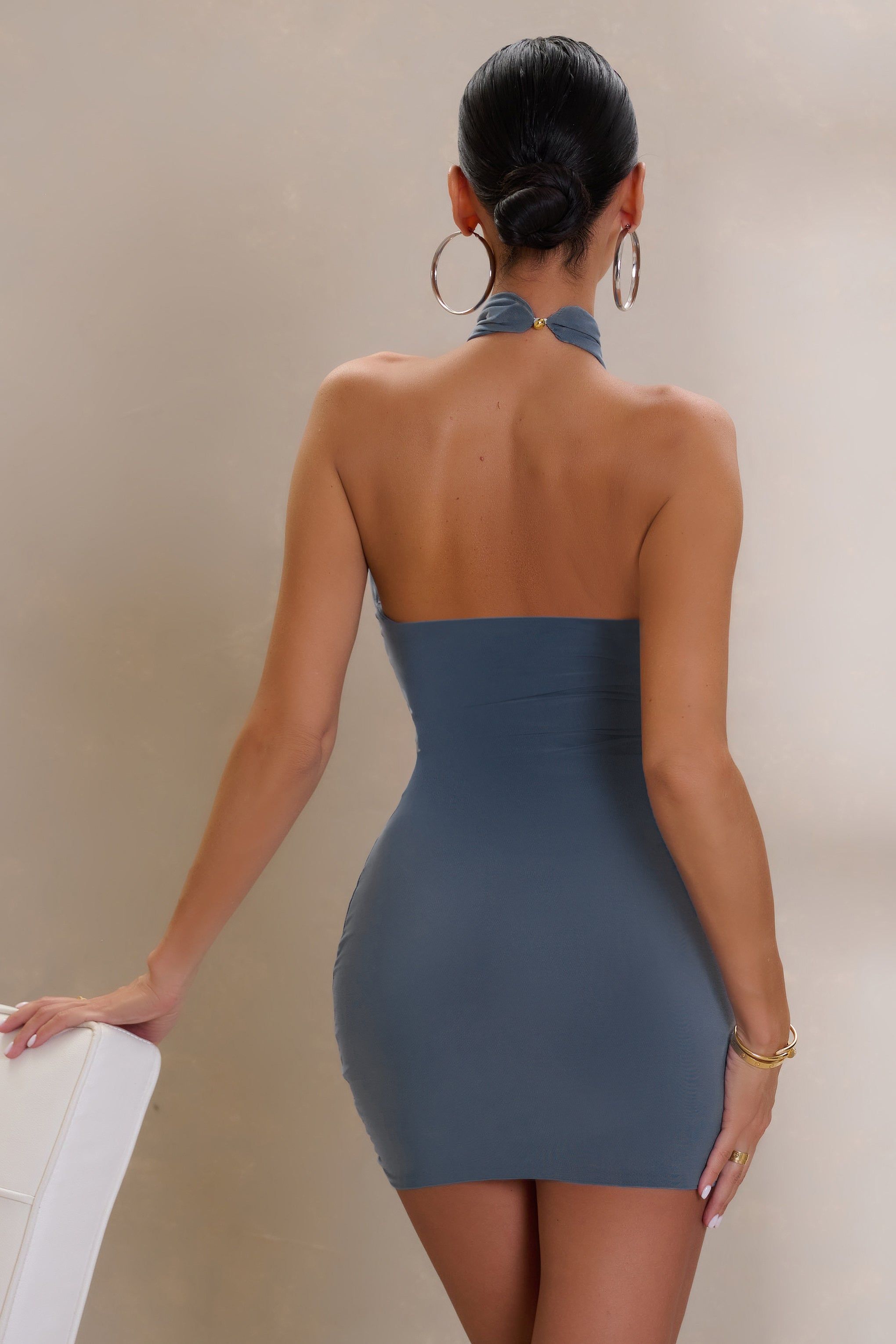 Any Time | Slate Blue Cut Out Halter Neck Mini Dress sold by Club L London product image thumbnail 5