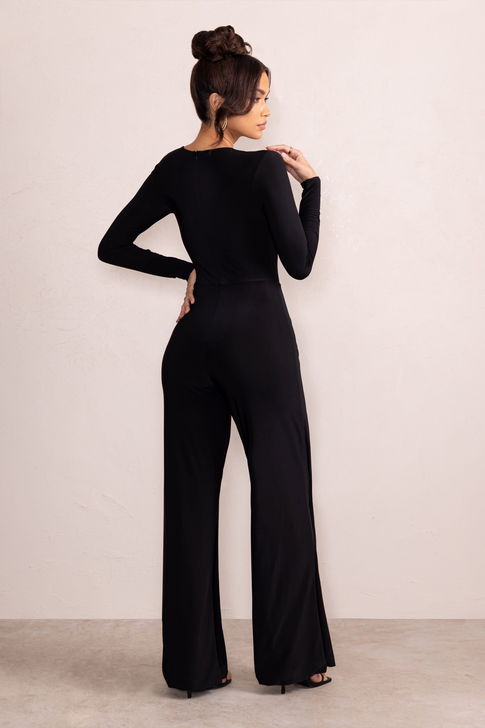 Ember | Black Twist Front Plunge Wide Leg Jumpsuit sold by Club L London product image thumbnail 2