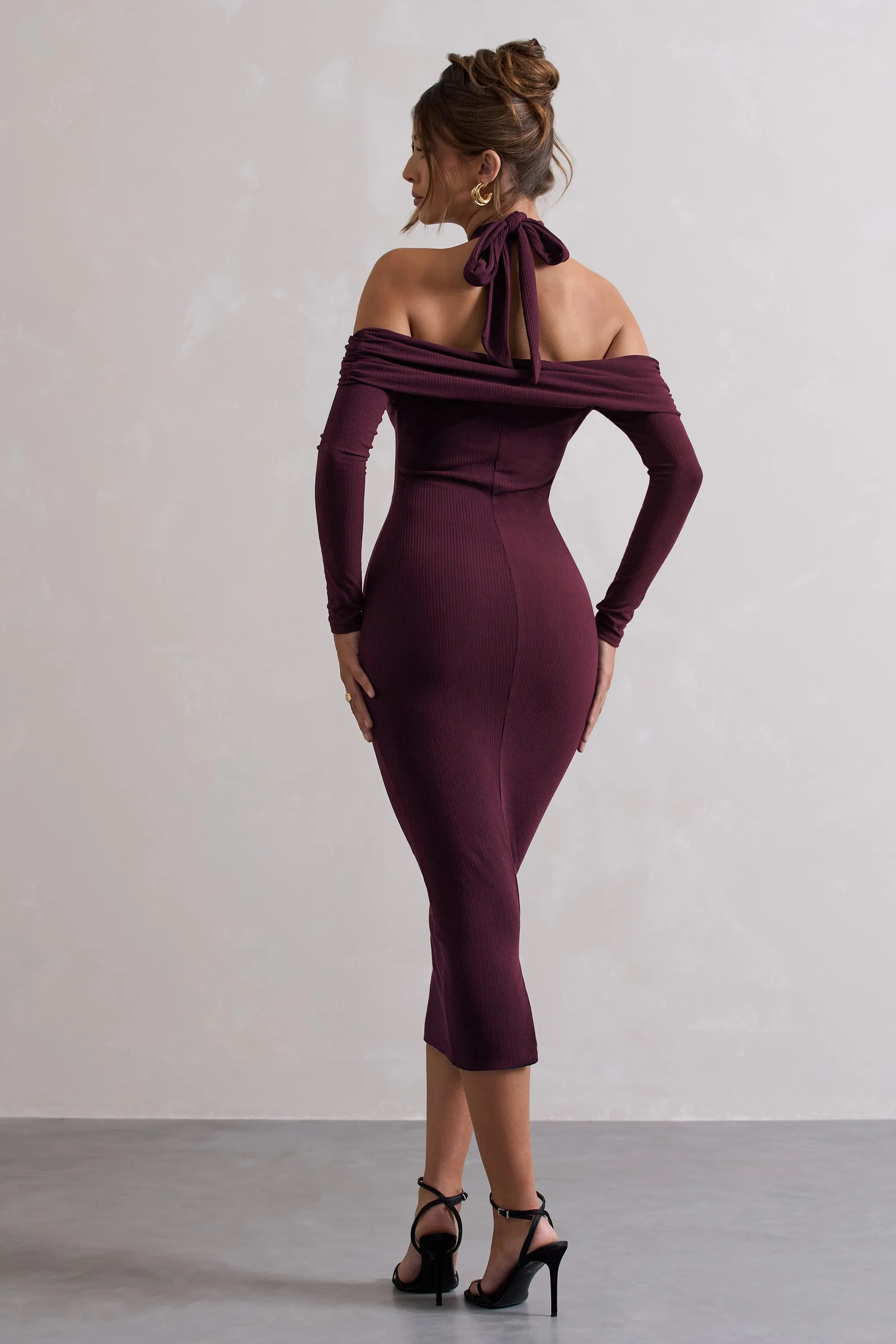 Duet | Plum Rib Knit Halter-Neck Midi Dress With Cut-Out sold by Club L London product image thumbnail 2