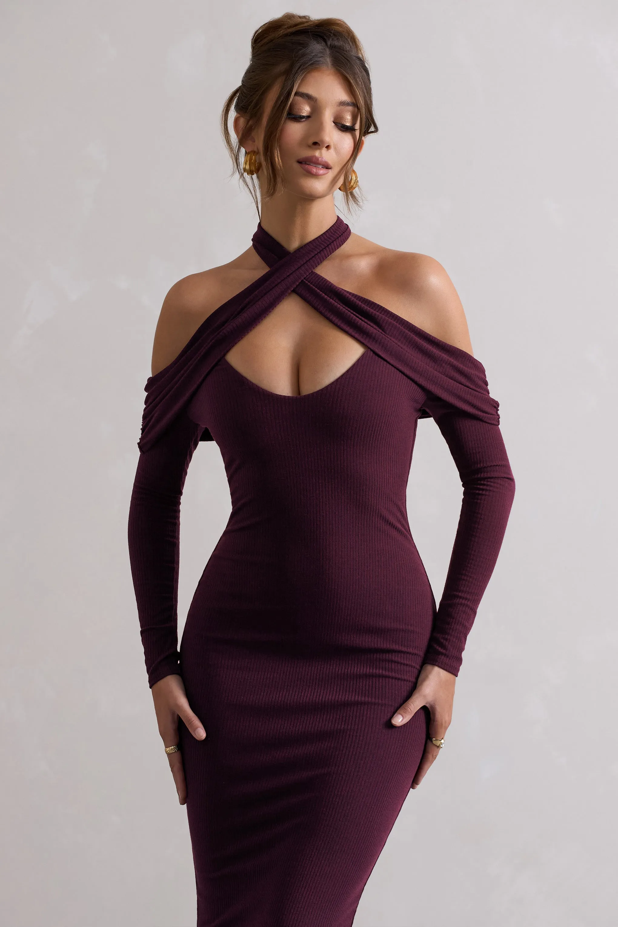 Duet | Plum Rib Knit Halter-Neck Midi Dress With Cut-Out sold by Club L London product image thumbnail 3
