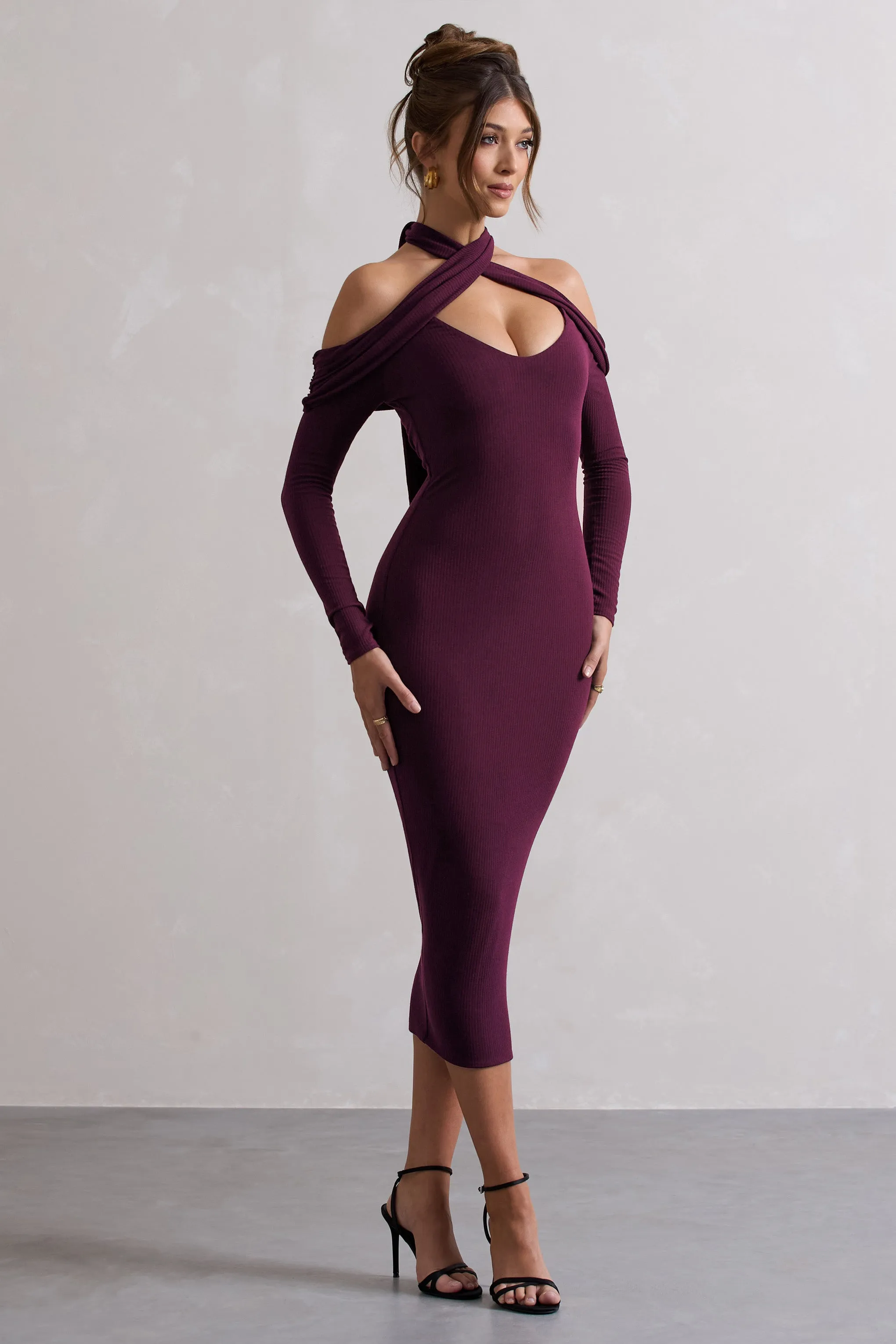 Duet | Plum Rib Knit Halter-Neck Midi Dress With Cut-Out sold by Club L London product image thumbnail 5