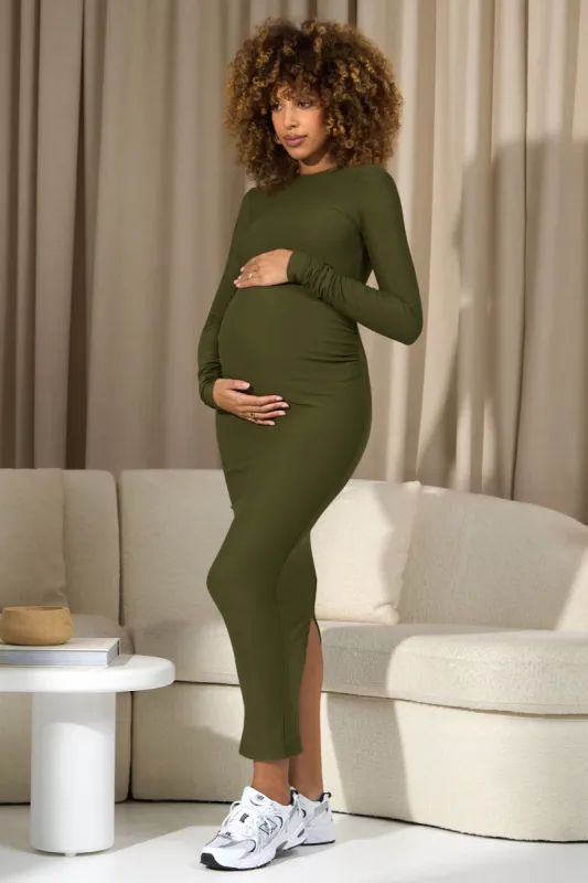 Dove | Moss Green Bodycon Long-Sleeve Maternity Maxi Dress sold by Club L London