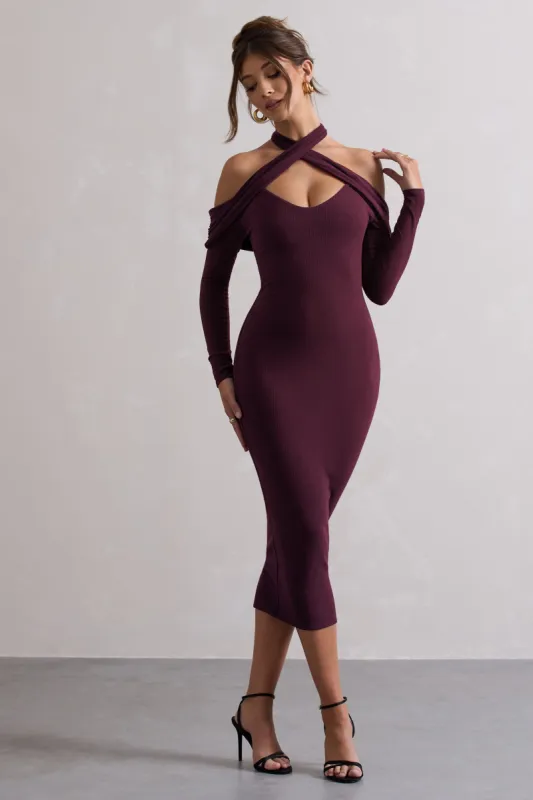 Duet | Plum Rib Knit Halter-Neck Midi Dress With Cut-Out sold by Club L London