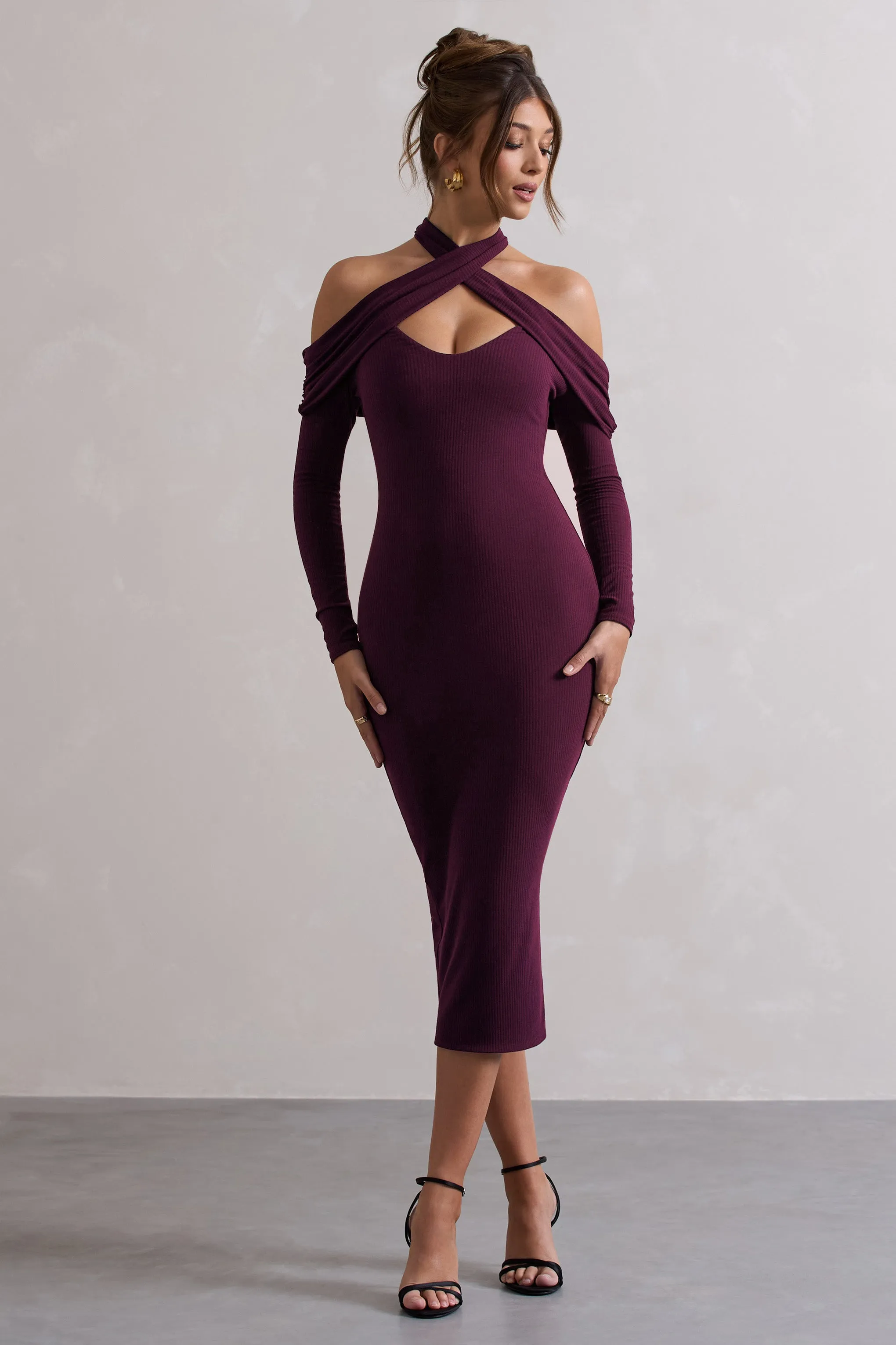 Duet | Plum Rib Knit Halter-Neck Midi Dress With Cut-Out sold by Club L London product image thumbnail 4