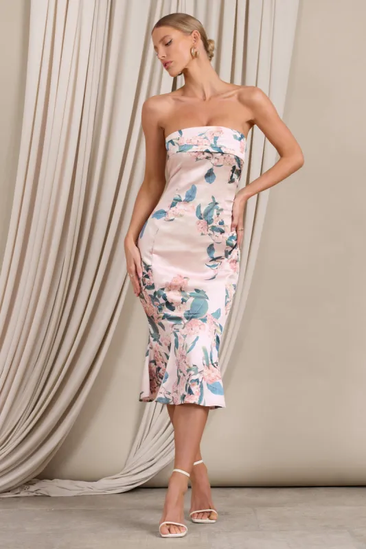 Sauvignon | Pink Floral Satin Bandeau Midi Dress With Cowl Back sold by Club L London