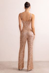 Audrey | Champagne Sequin Cross Front Flared Leg Jumpsuit With Keyhole Detail sold by Club L London