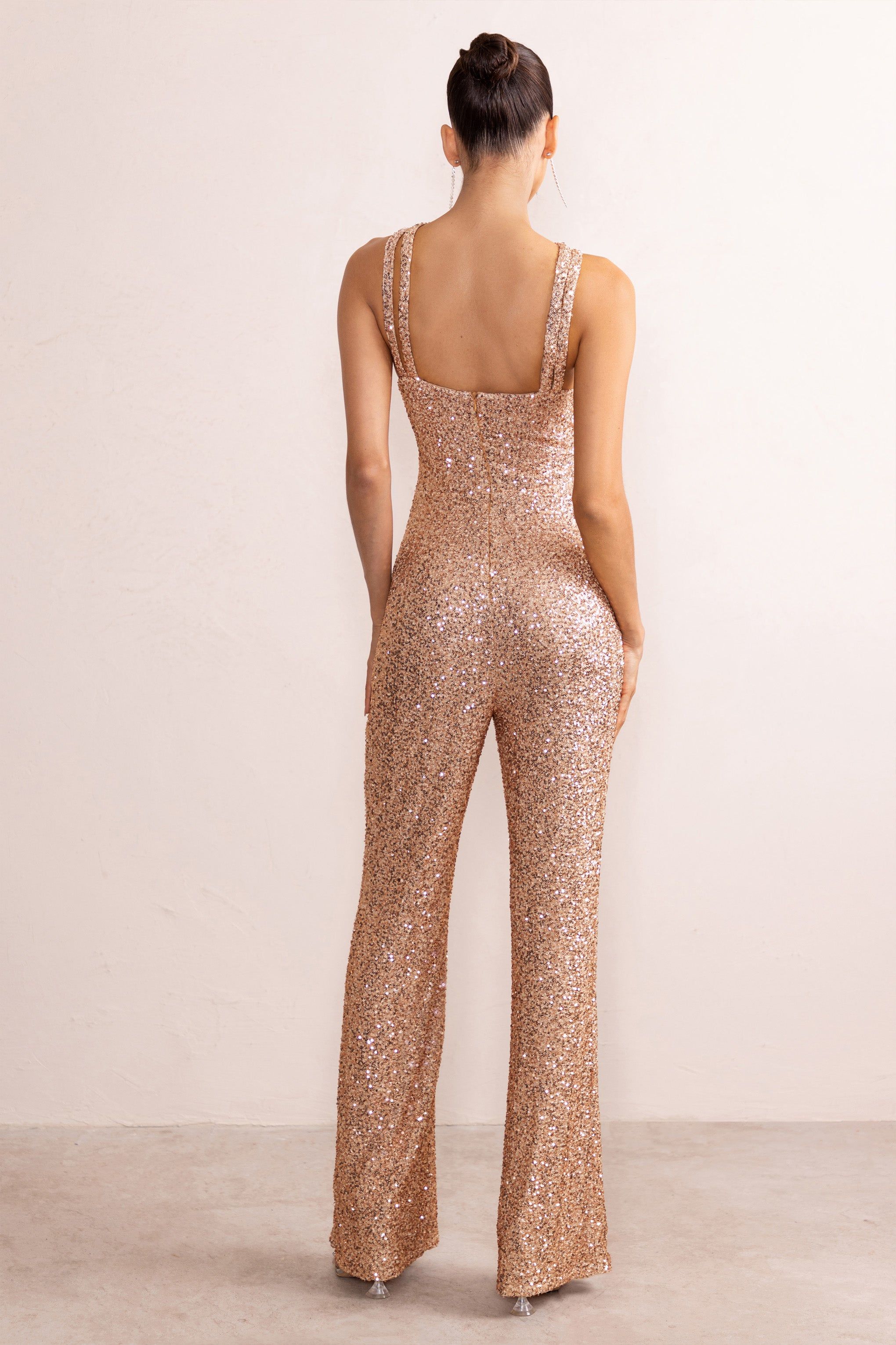 Audrey | Champagne Sequin Cross Front Flared Leg Jumpsuit With Keyhole Detail sold by Club L London product image thumbnail 2