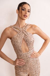 Audrey | Champagne Sequin Cross Front Flared Leg Jumpsuit With Keyhole Detail sold by Club L London