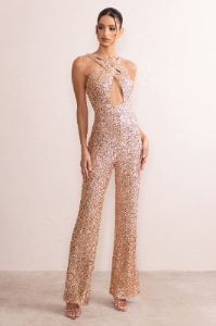 Audrey | Champagne Sequin Cross Front Flared Leg Jumpsuit With Keyhole Detail sold by Club L London