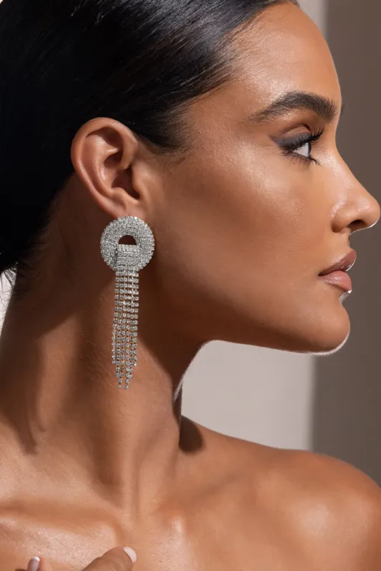 Francesca | Silver Diamante Circle Tassel Drop Earrings sold by Club L London