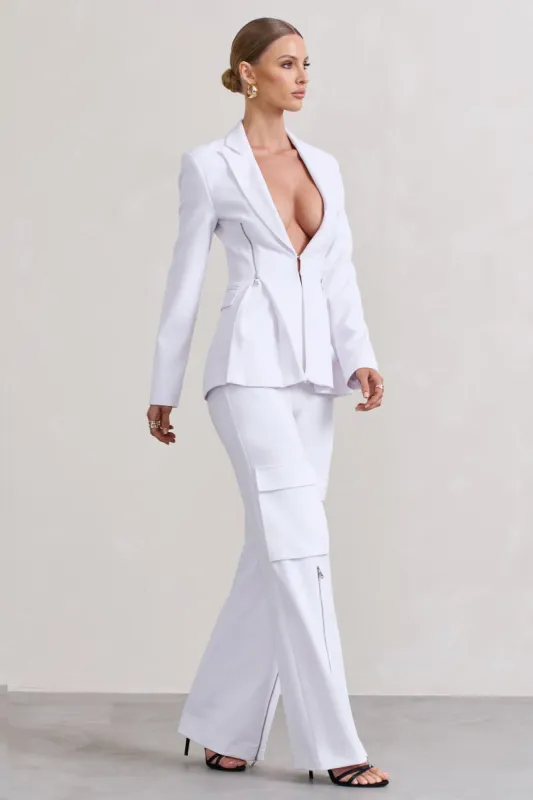 Close Up | White Wide-Leg Cargo Trousers With Ankle Zips sold by Club L London