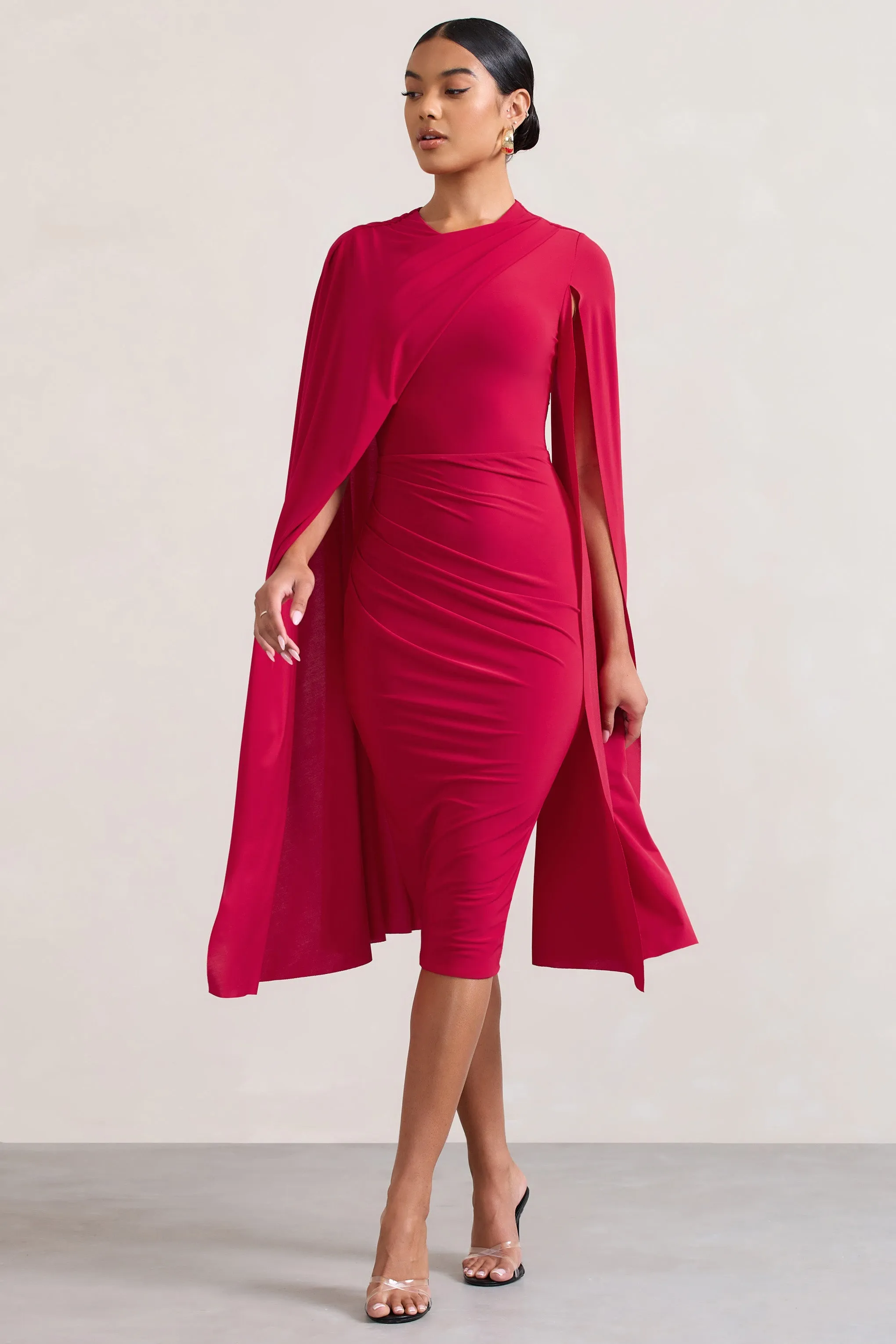 Marysol | Red Asymmetric Cape Midi Dress sold by Club L London
