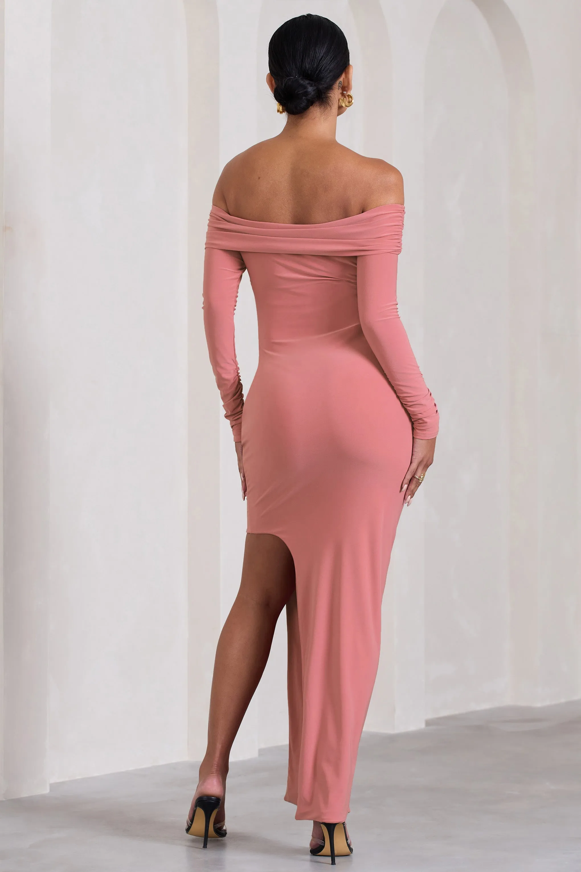 Kaylee | Blush Pink Ruched Strapless Long-Sleeved Split Maternity Maxi Dress sold by Club L London product image thumbnail 2