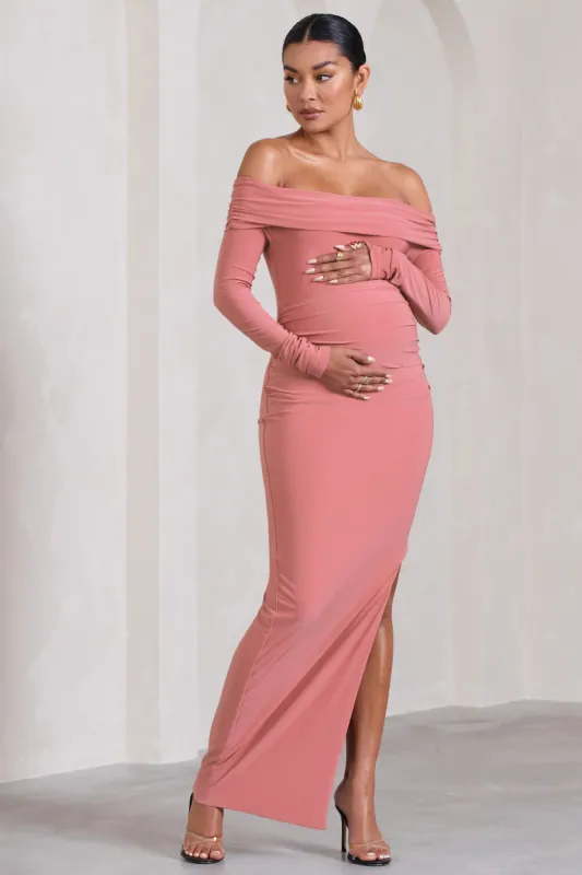 Kaylee | Blush Pink Ruched Strapless Long-Sleeved Split Maternity Maxi Dress sold by Club L London
