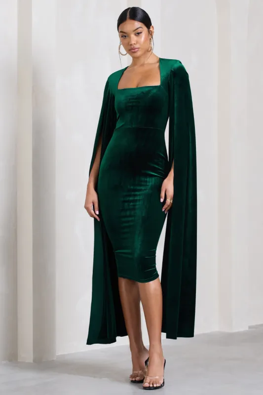 Flawless | Bottle Green Velvet Square Neck Midi Dress With Cape Sleeves sold by Club L London