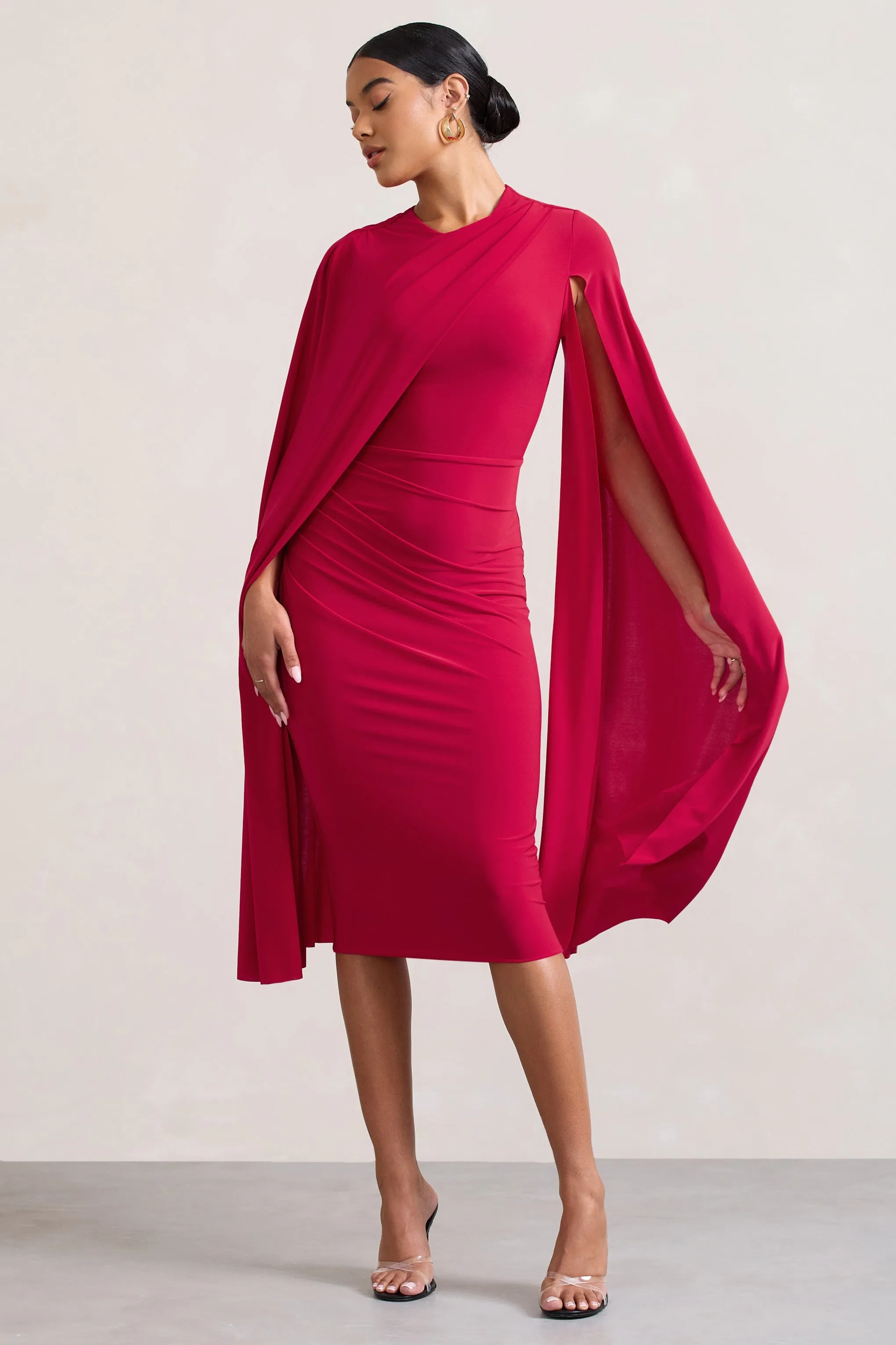 Marysol | Red Asymmetric Cape Midi Dress sold by Club L London product image thumbnail 4
