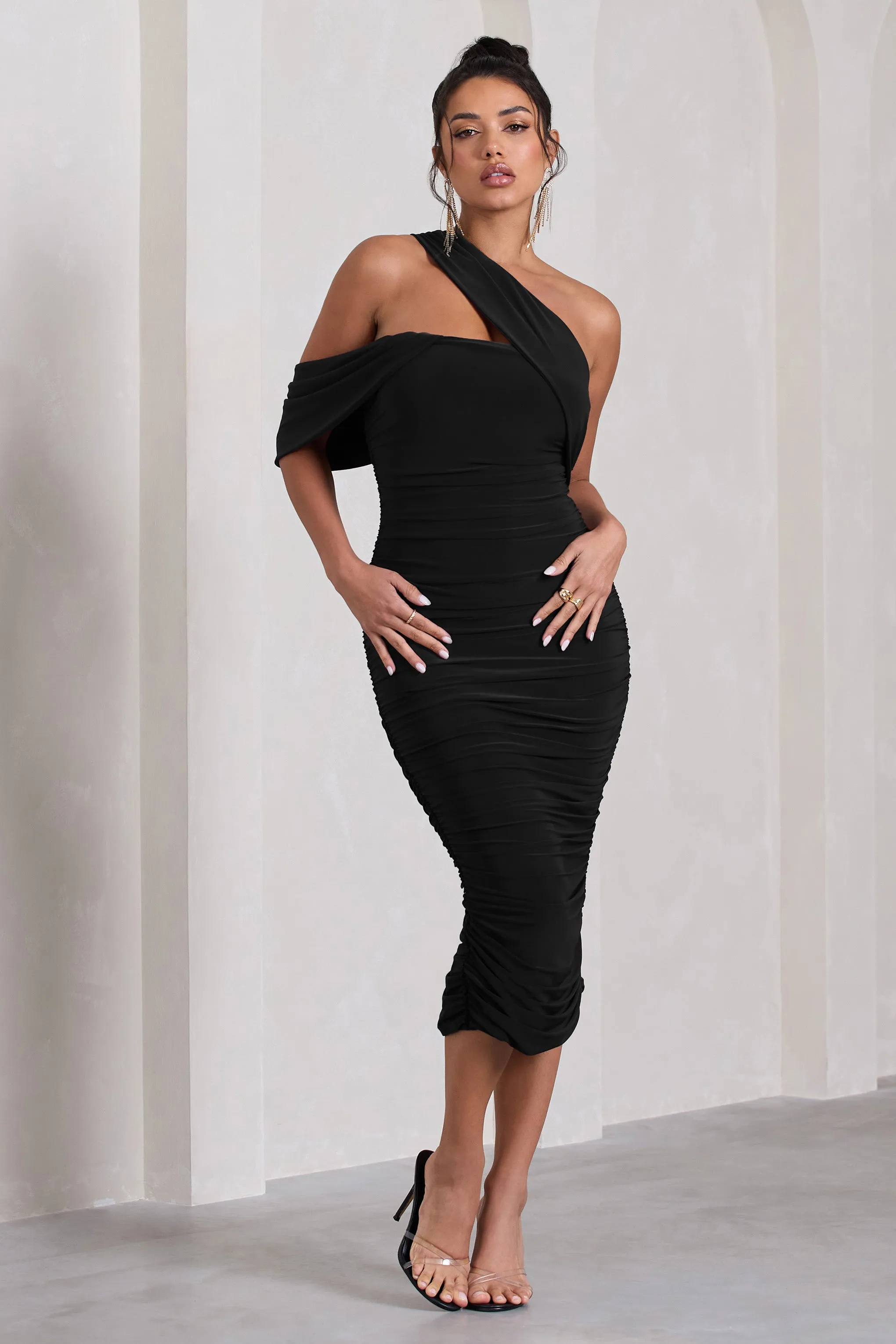 Cici | Black Asymmetric One Shoulder Ruched Midi Dress sold by Club L London product image thumbnail 5