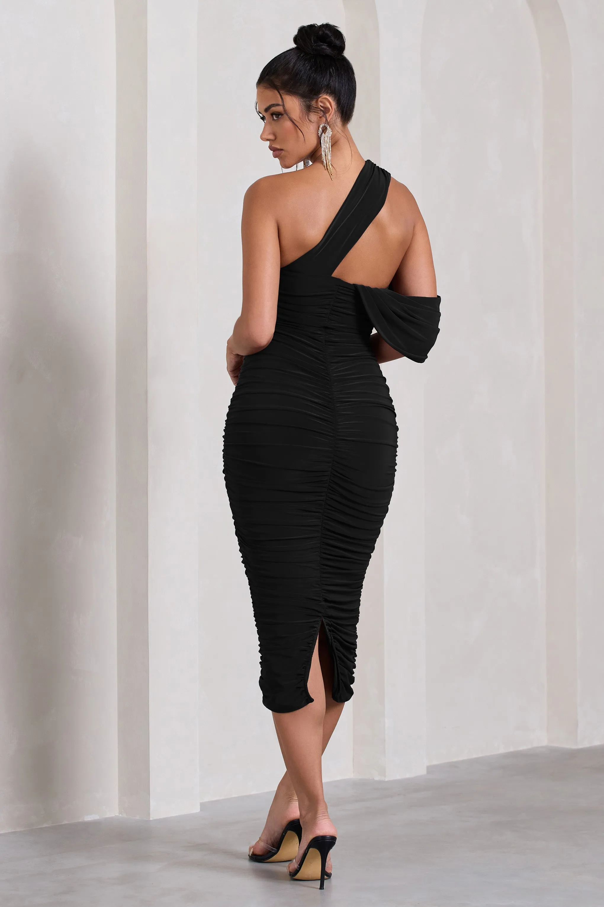 Cici | Black Asymmetric One Shoulder Ruched Midi Dress sold by Club L London product image thumbnail 2