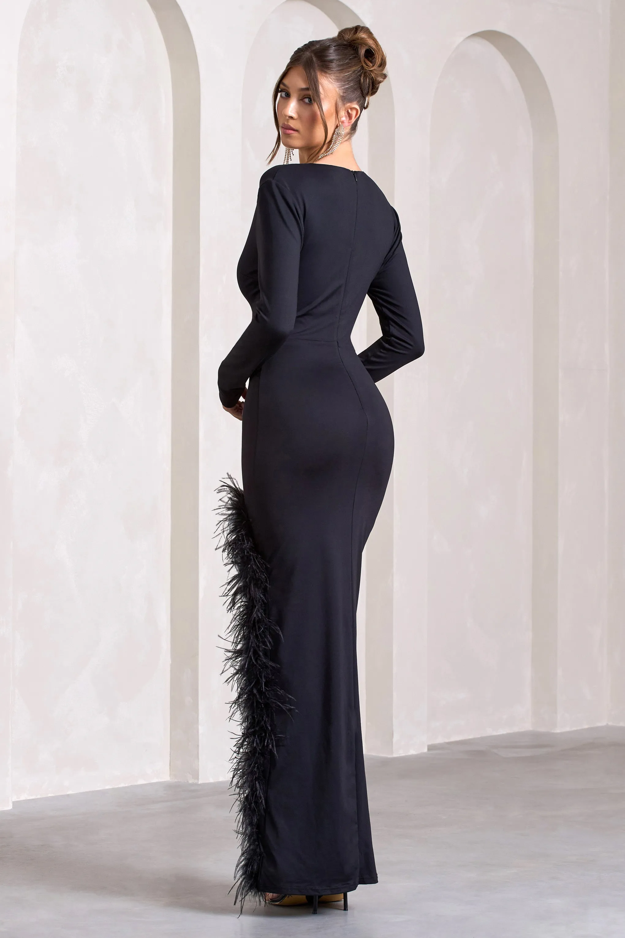Finale | Black Feather Plunge Neck Thigh Split Maxi Dress sold by Club L London product image thumbnail 2
