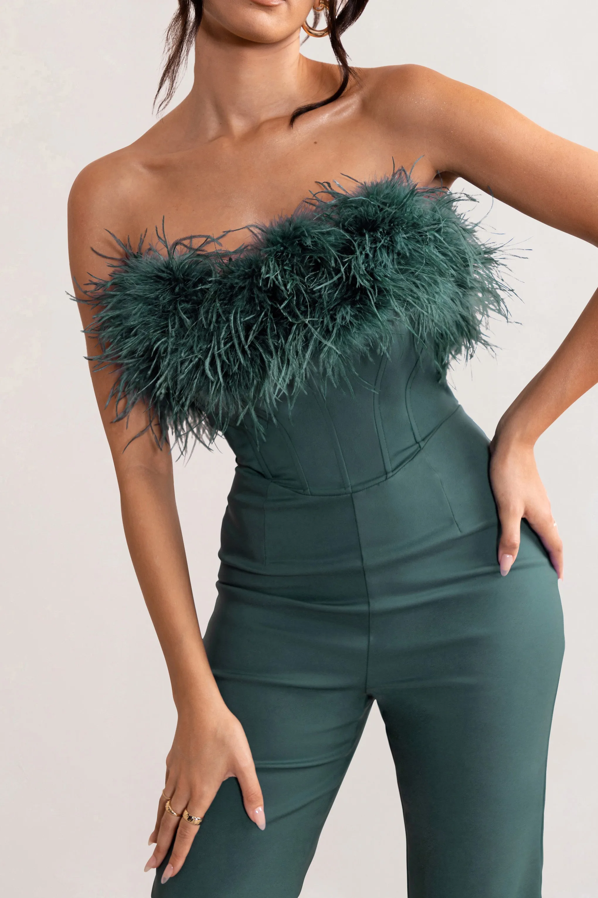 Tessa | Bottle Green Shaped Neckline Corset Jumpsuit With Feather Trim Detail sold by Club L London product image thumbnail 3