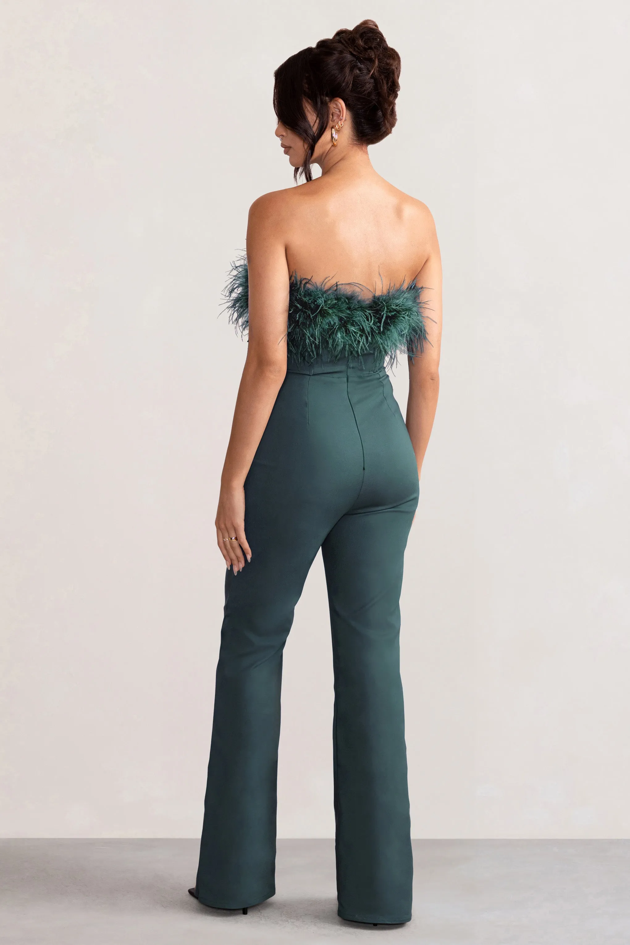 Tessa | Bottle Green Shaped Neckline Corset Jumpsuit With Feather Trim Detail sold by Club L London product image thumbnail 2