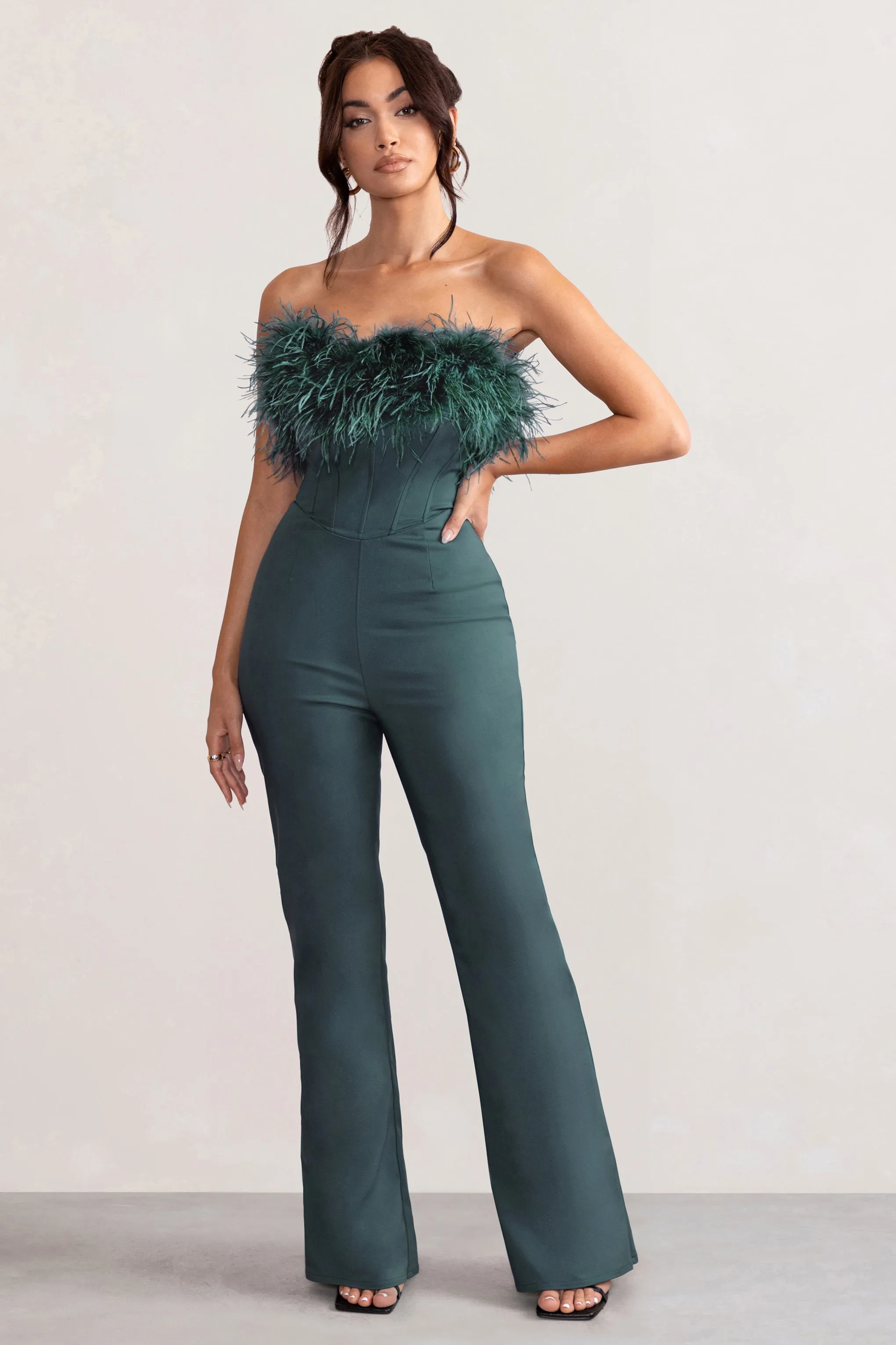 Tessa | Bottle Green Shaped Neckline Corset Jumpsuit With Feather Trim Detail sold by Club L London product image thumbnail 4