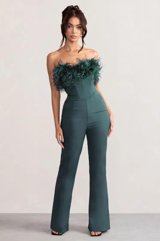 Tessa | Bottle Green Shaped Neckline Corset Jumpsuit With Feather Trim Detail sold by Club L London