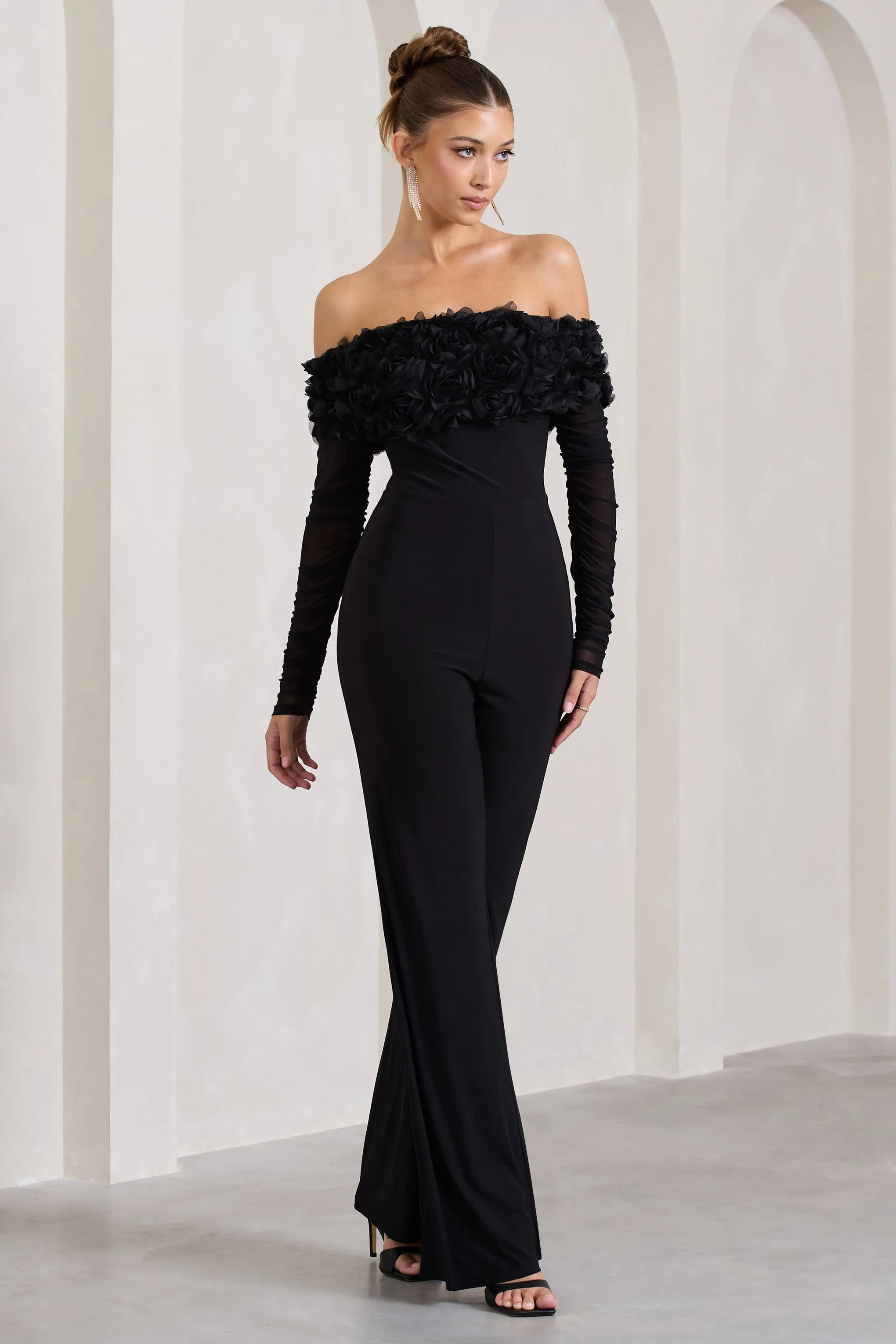 Celebrate | Black Bardot Long-Sleeved Flared-Leg Jumpsuit With Flowers sold by Club L London product image thumbnail 5