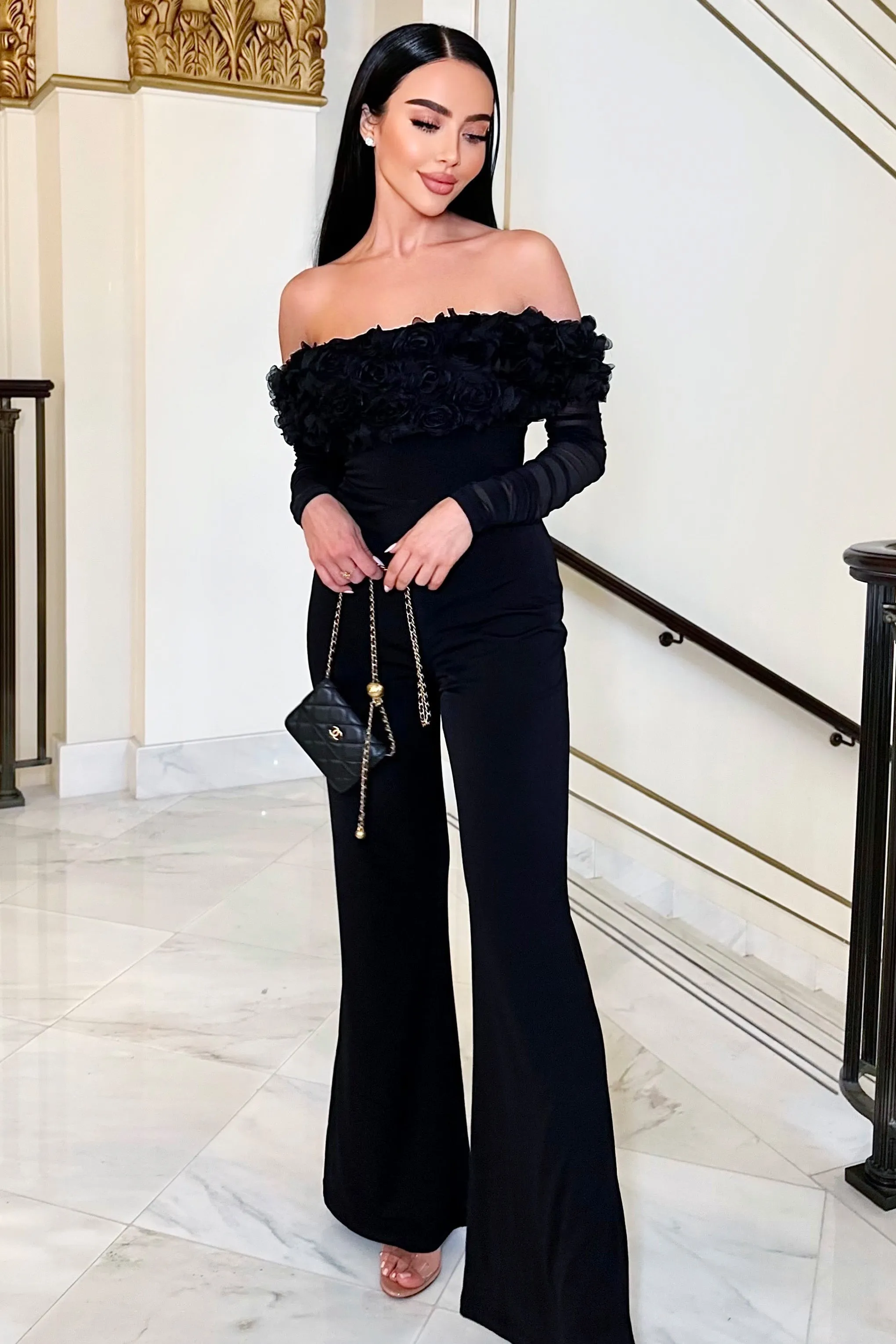 Celebrate | Black Bardot Long-Sleeved Flared-Leg Jumpsuit With Flowers sold by Club L London