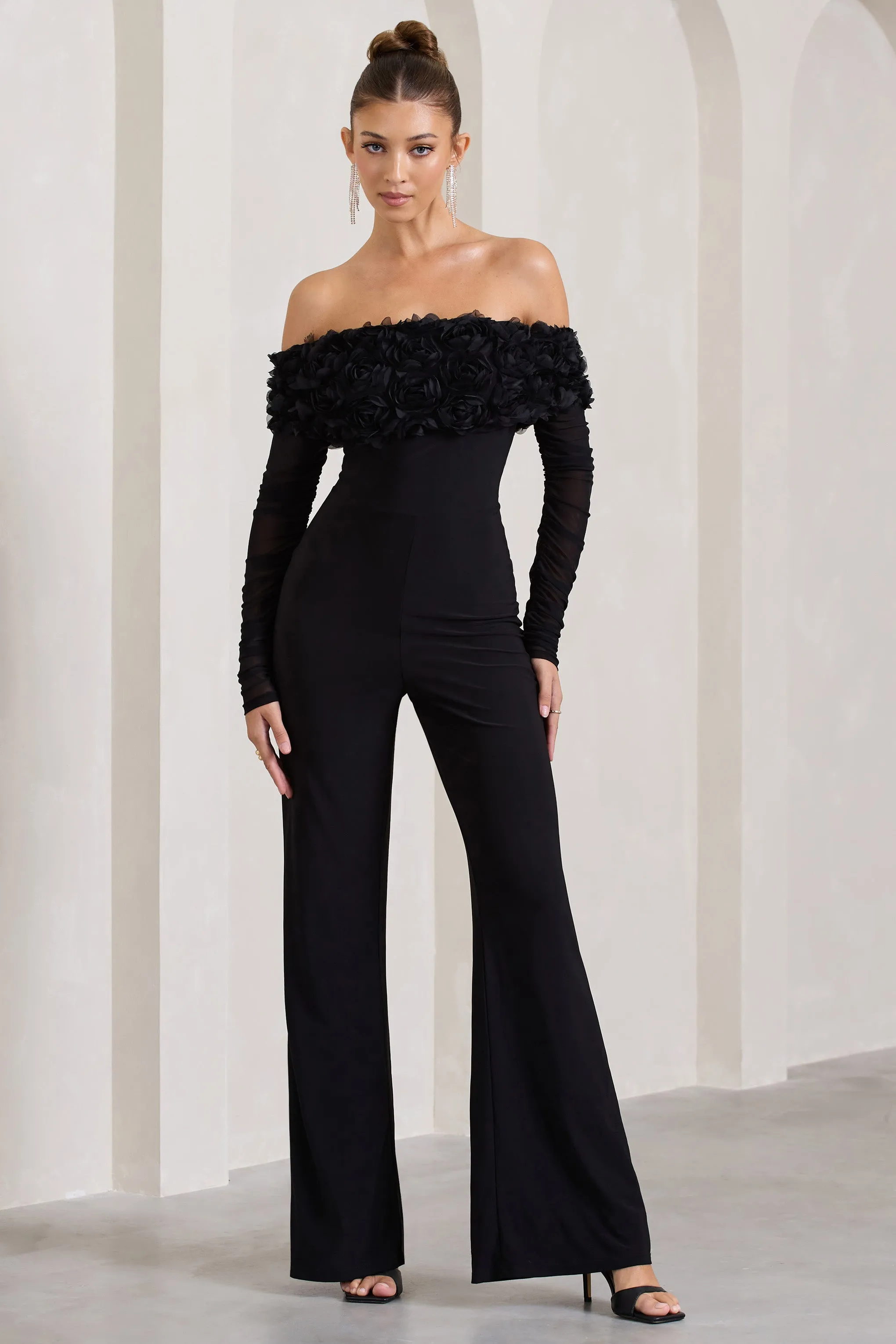 Celebrate | Black Bardot Long-Sleeved Flared-Leg Jumpsuit With Flowers sold by Club L London product image thumbnail 4