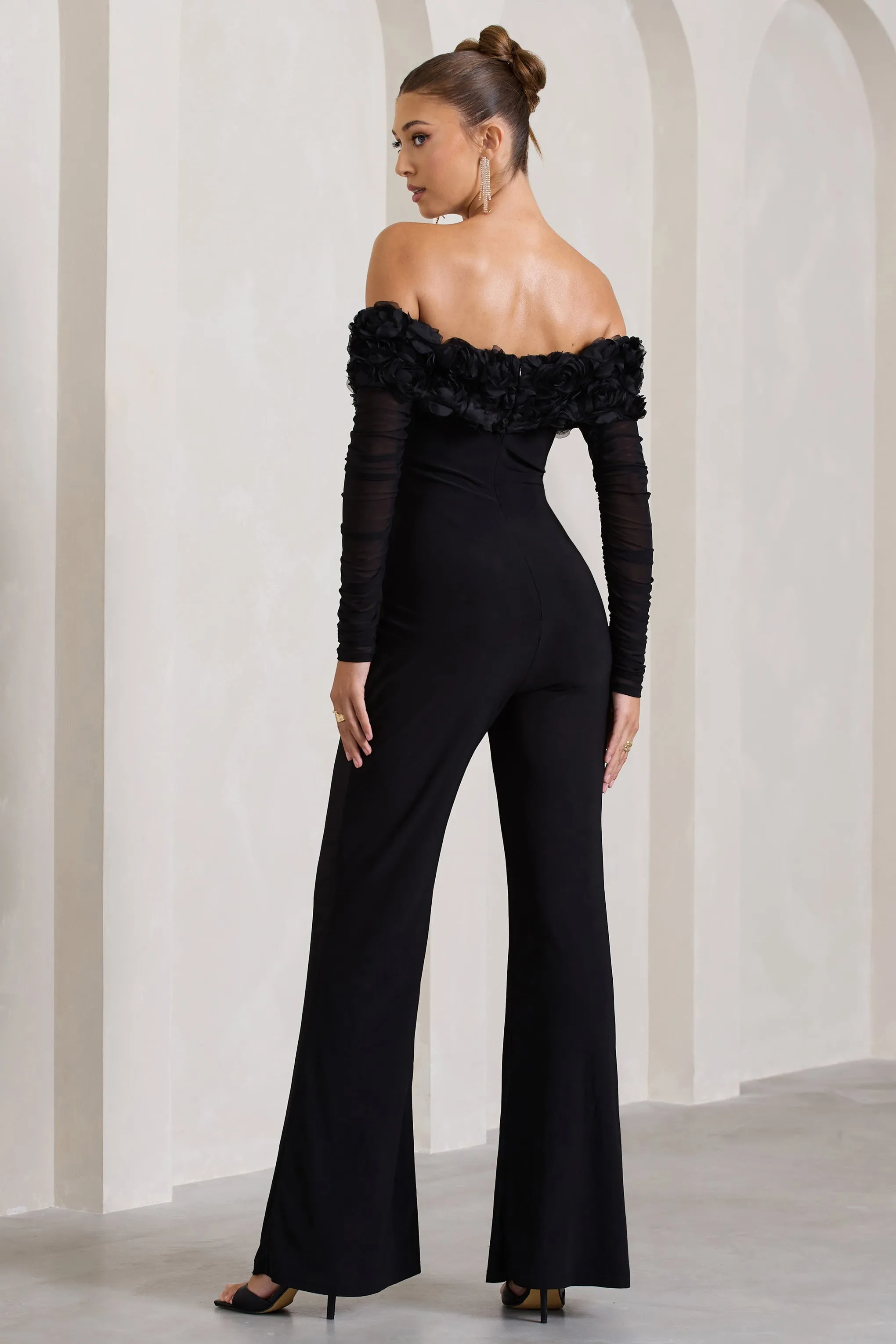 Celebrate | Black Bardot Long-Sleeved Flared-Leg Jumpsuit With Flowers sold by Club L London product image thumbnail 2