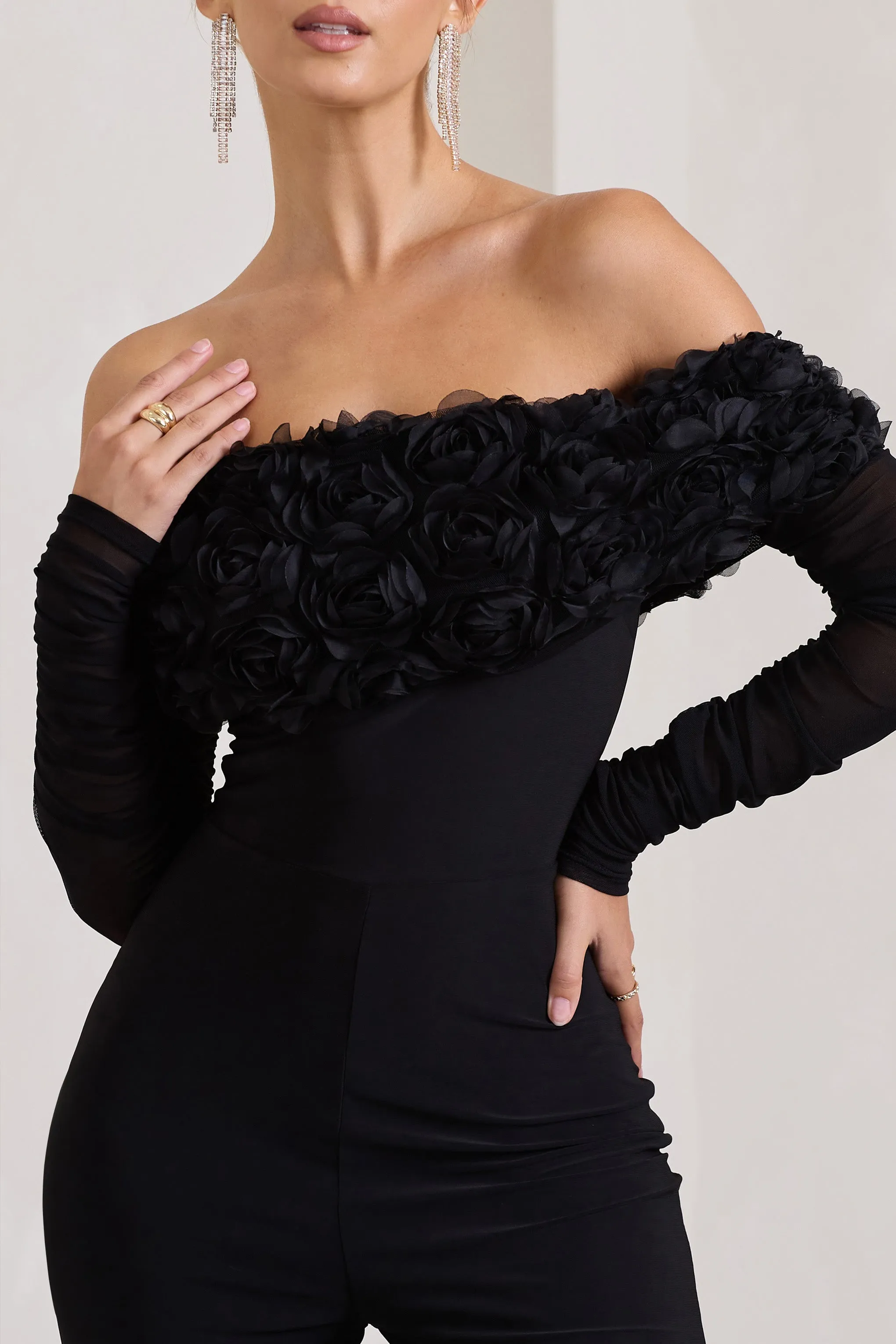 Celebrate | Black Bardot Long-Sleeved Flared-Leg Jumpsuit With Flowers sold by Club L London product image thumbnail 3