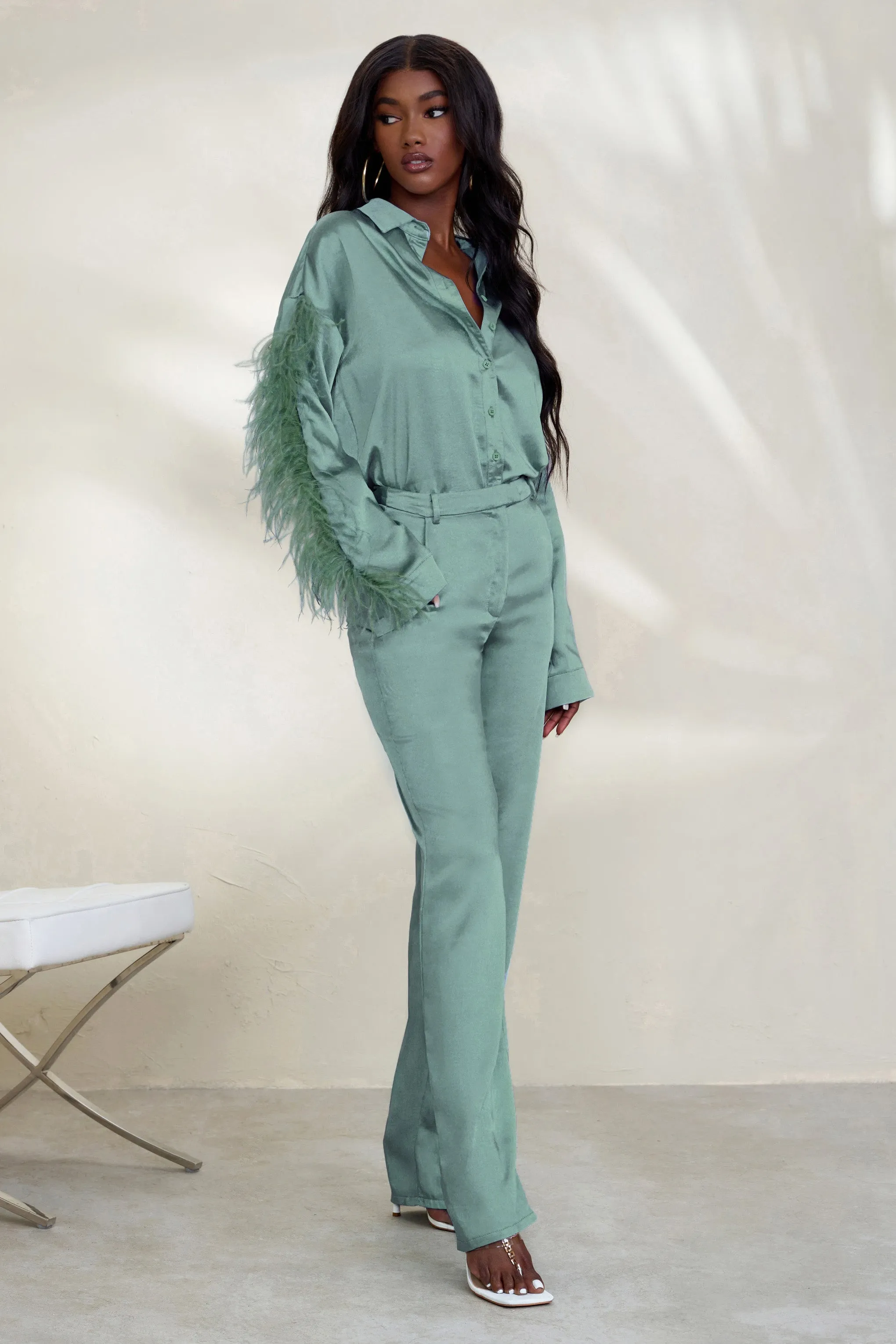 Evening Memories | Duck Egg Blue Satin Wide Leg Trousers sold by Club L London product image thumbnail 5