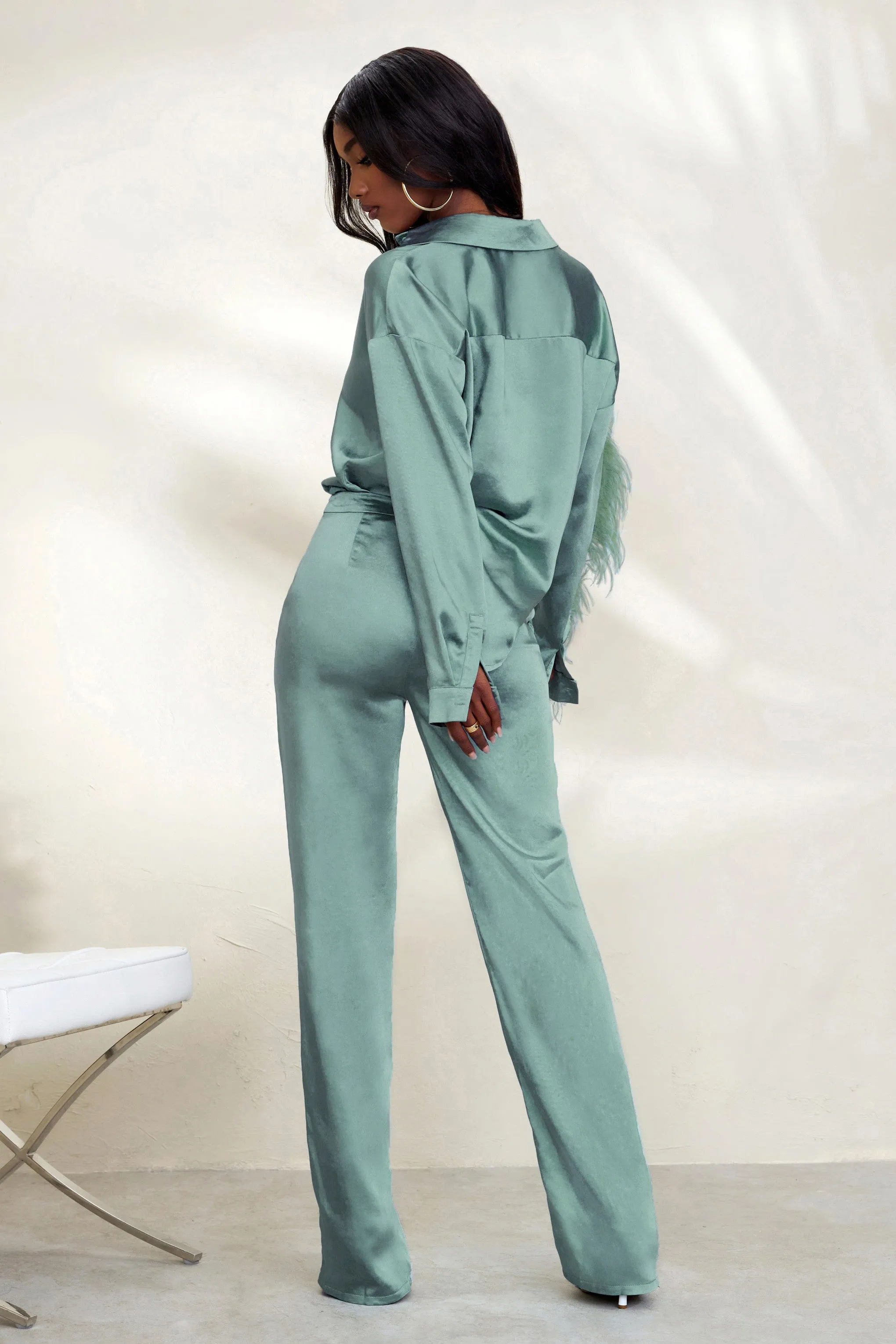 Evening Memories | Duck Egg Blue Satin Wide Leg Trousers sold by Club L London product image thumbnail 2