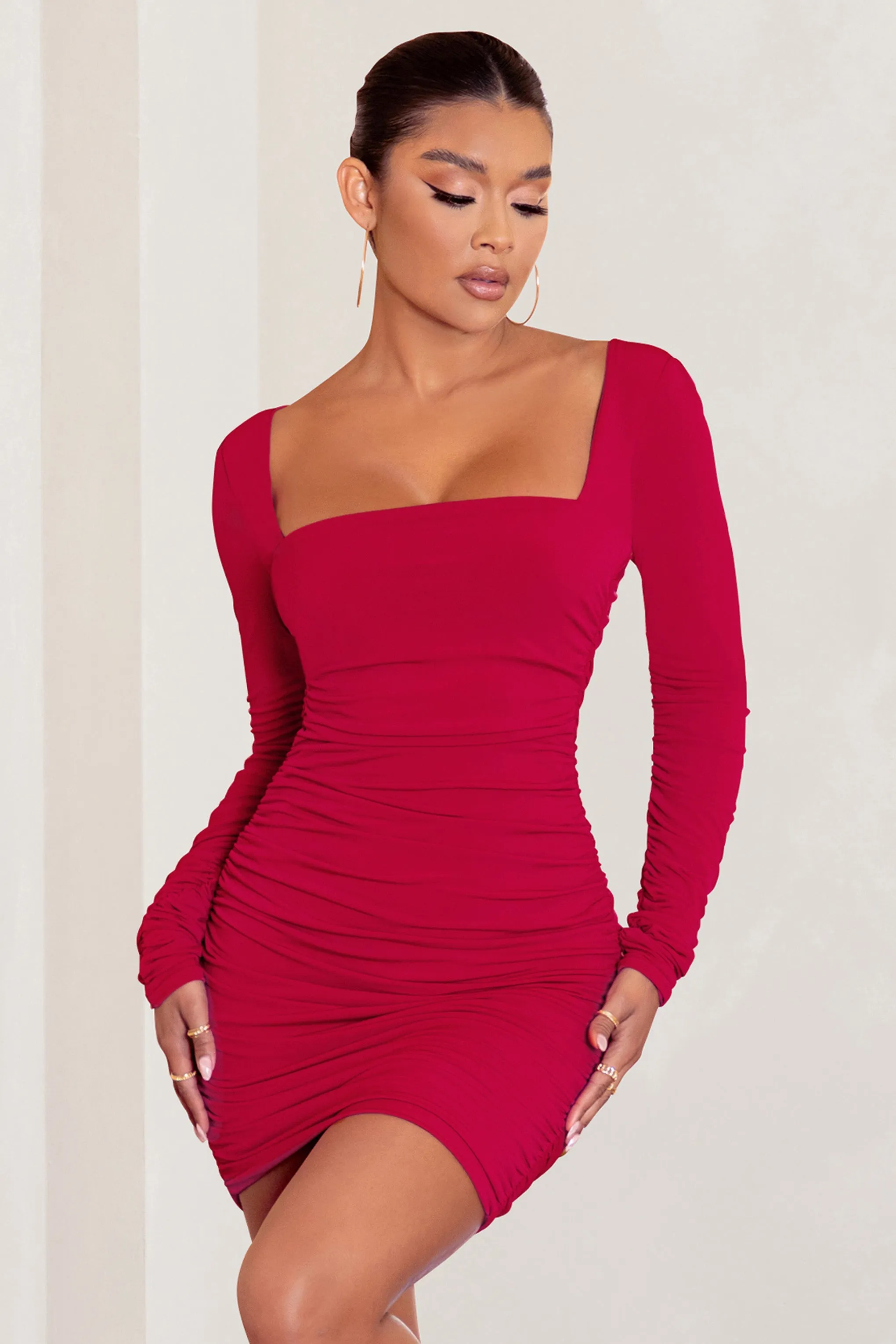 Muse | Red Long Sleeve Square Neck Ruched Mini Dress sold by Club L London product image thumbnail 4