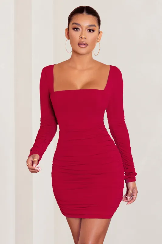 Muse | Red Long Sleeve Square Neck Ruched Mini Dress sold by Club L London