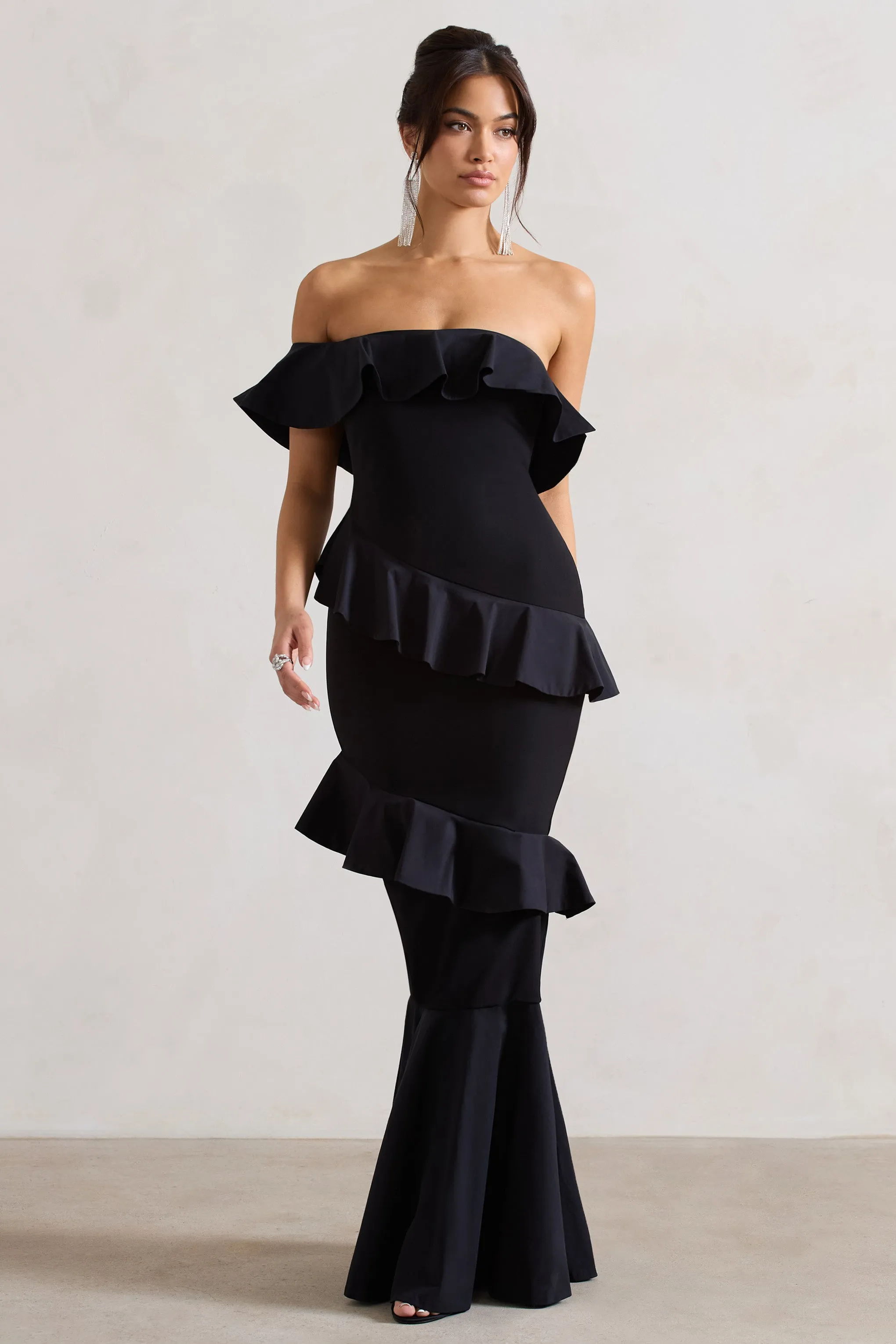 Cinematic | Black Bardot Ruffled Fishtail Maxi Dress sold by Club L London product image thumbnail 4
