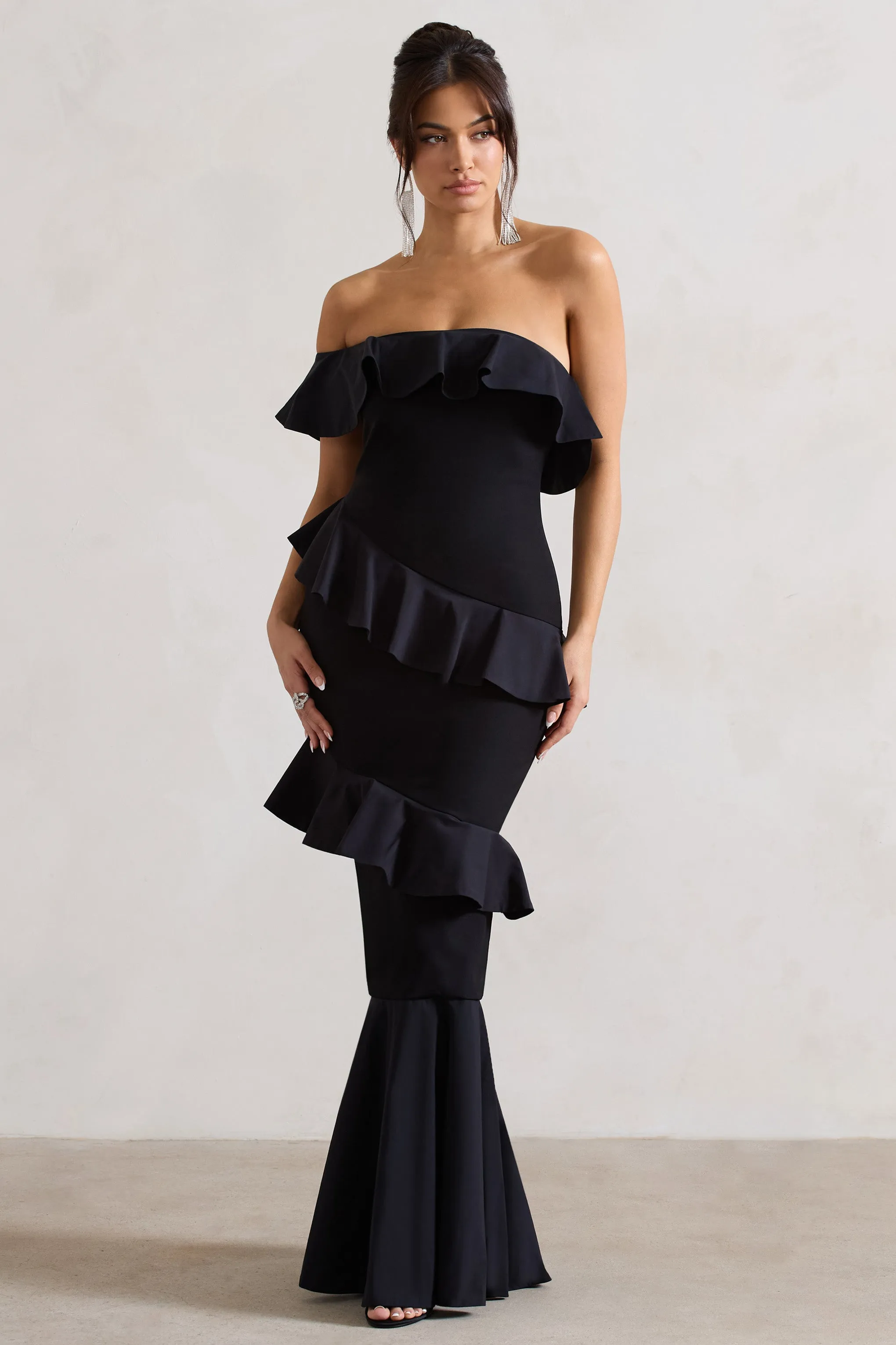 Cinematic | Black Bardot Ruffled Fishtail Maxi Dress sold by Club L London product image thumbnail 5
