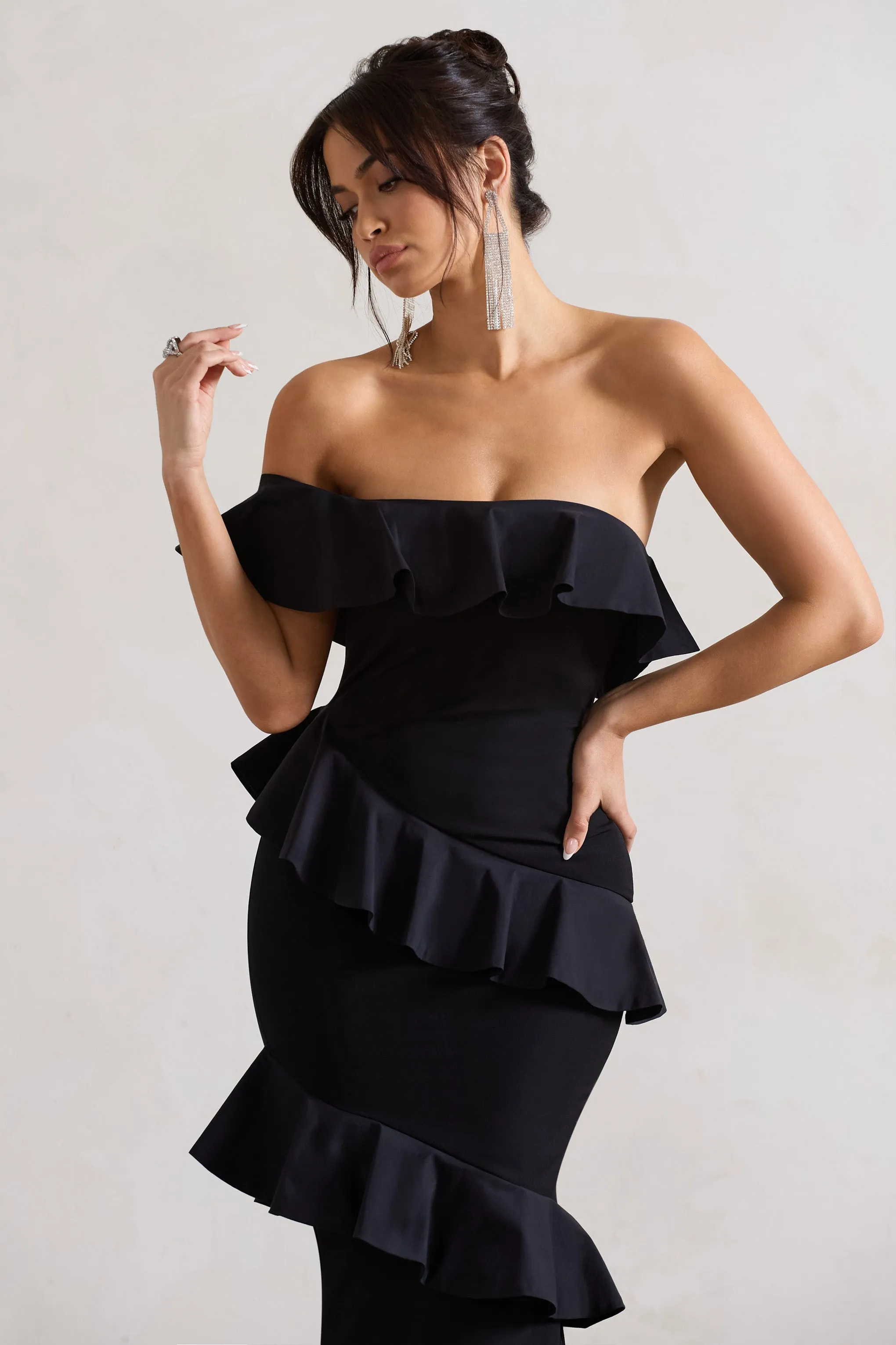 Cinematic | Black Bardot Ruffled Fishtail Maxi Dress sold by Club L London product image thumbnail 3