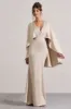 Yasie | Champagne Satin Plunge-Neck Maxi Dress With Cape Sleeves sold by Club L London