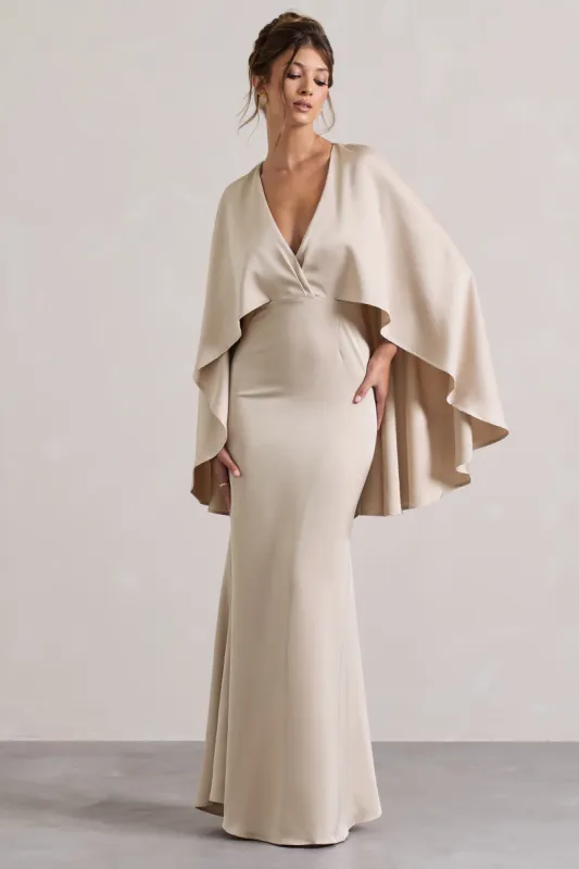 Yasie | Champagne Satin Plunge-Neck Maxi Dress With Cape Sleeves sold by Club L London