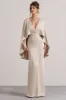 Yasie | Champagne Satin Plunge-Neck Maxi Dress With Cape Sleeves sold by Club L London