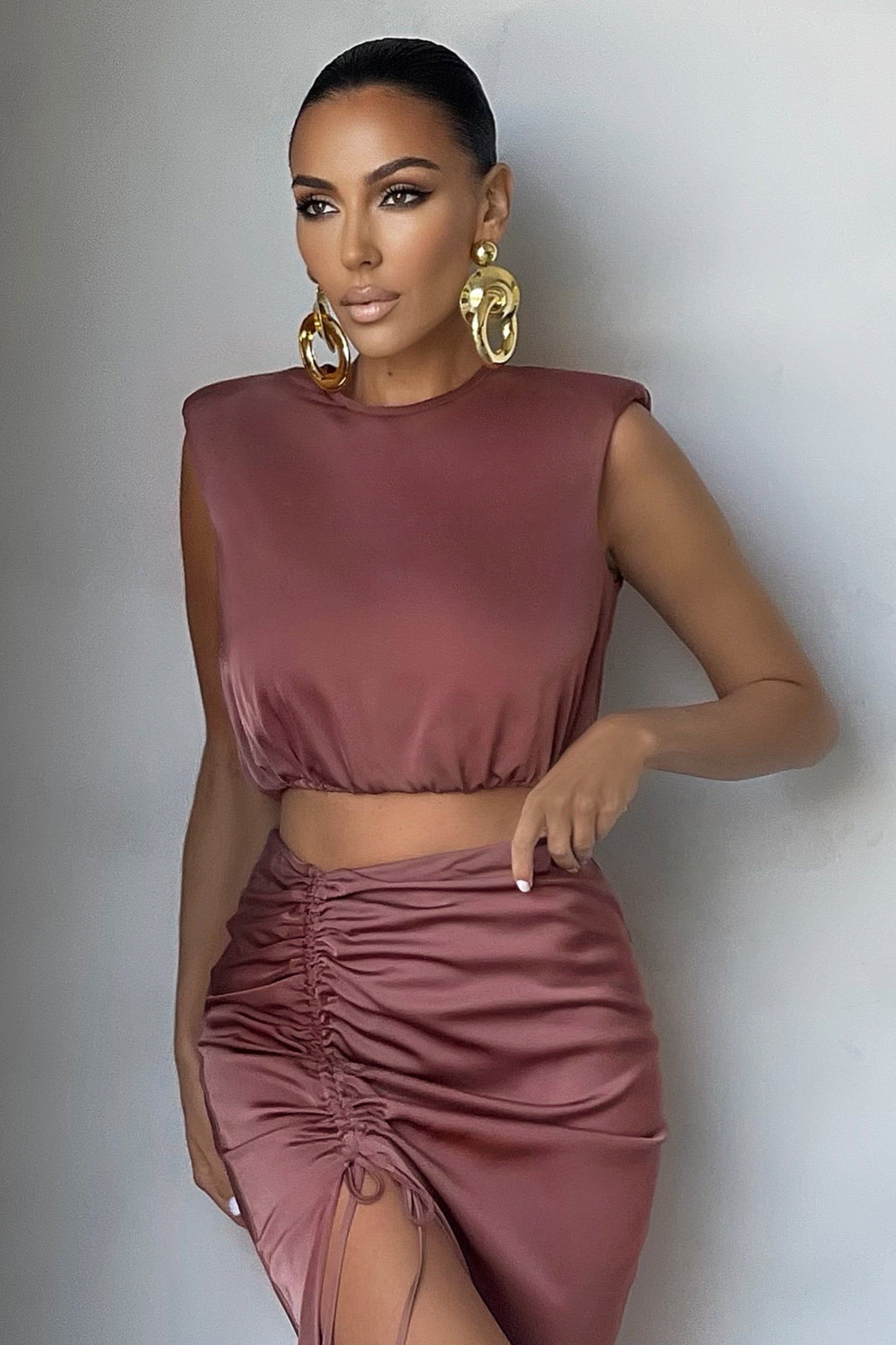 Spotlight | Deep Rose Satin Structured Sleeveless Crop Top sold by Club L London product image thumbnail 4