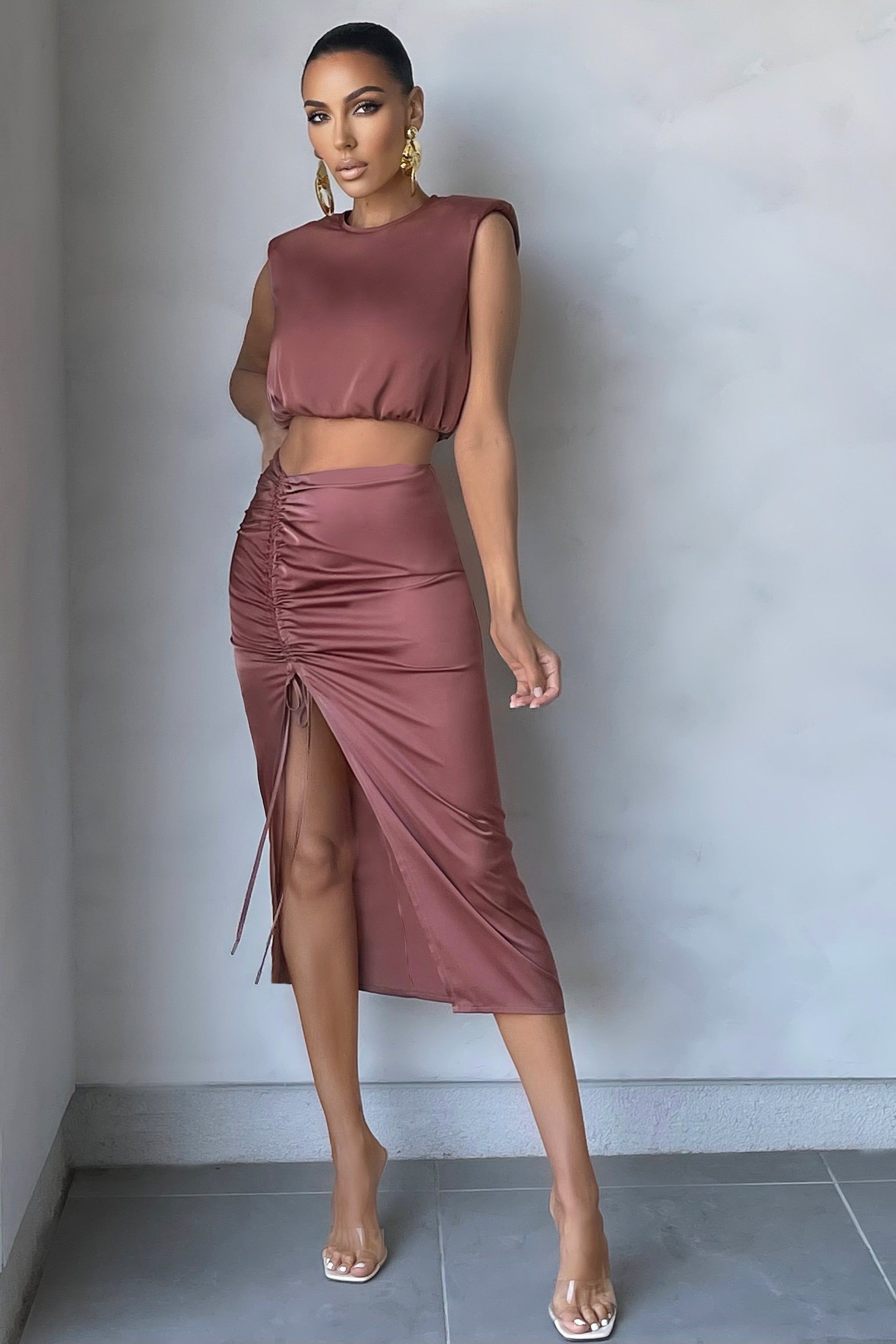 Spotlight | Deep Rose Satin Structured Sleeveless Crop Top sold by Club L London product image thumbnail 5