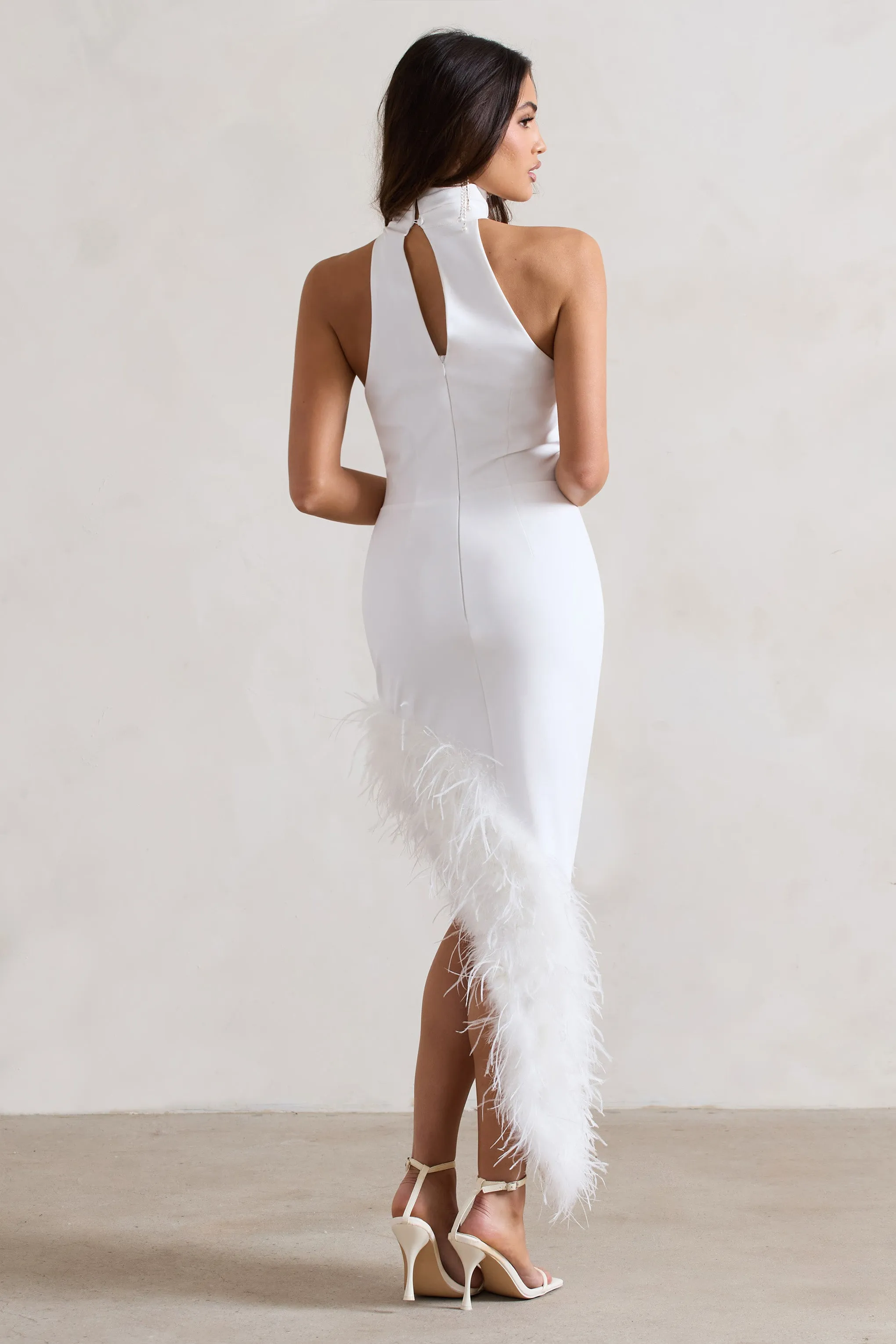 Brilliance | White Asymmetric Maxi Dress With Feather Trim sold by Club L London product image thumbnail 2