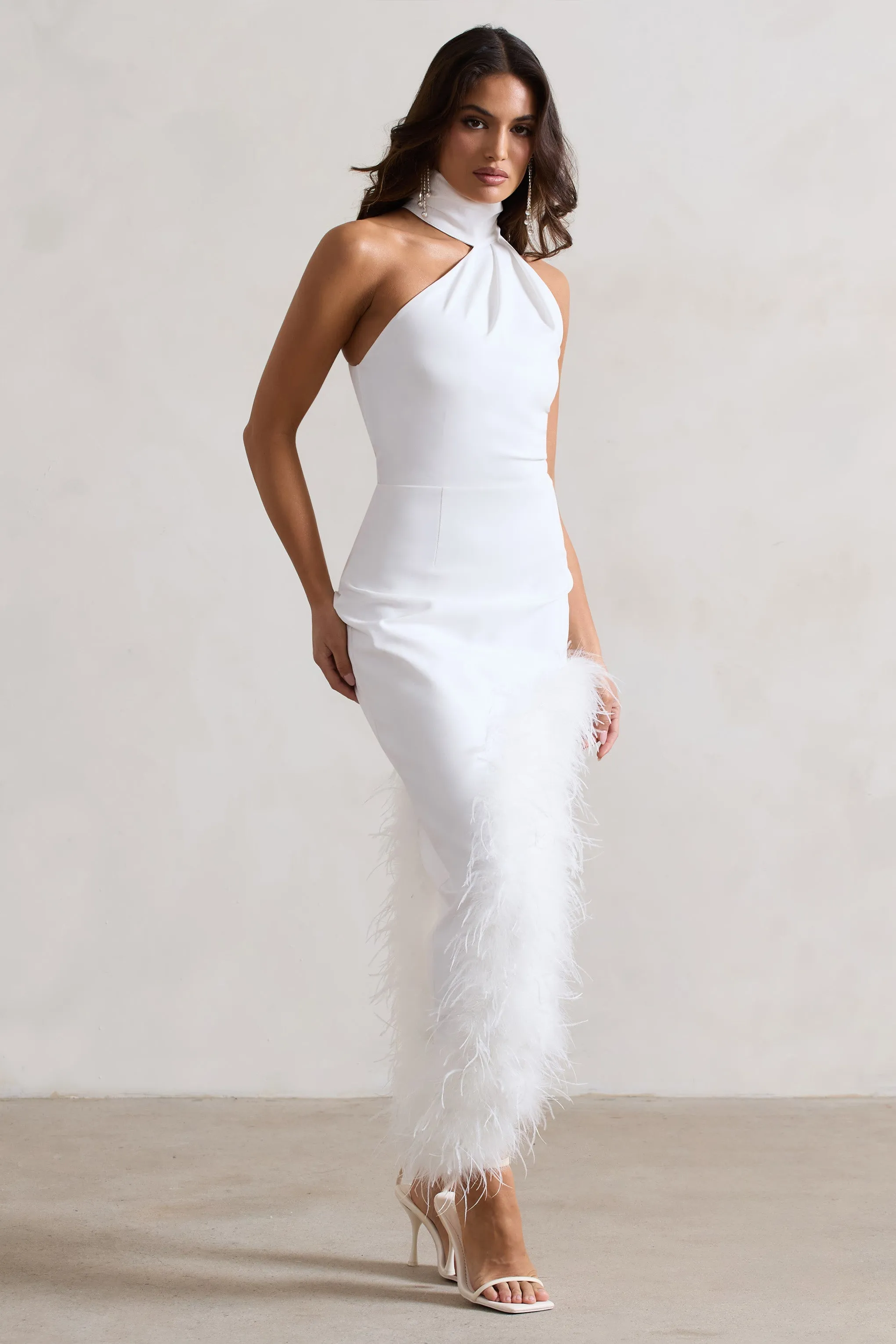 Brilliance | White Asymmetric Maxi Dress With Feather Trim sold by Club L London product image thumbnail 5